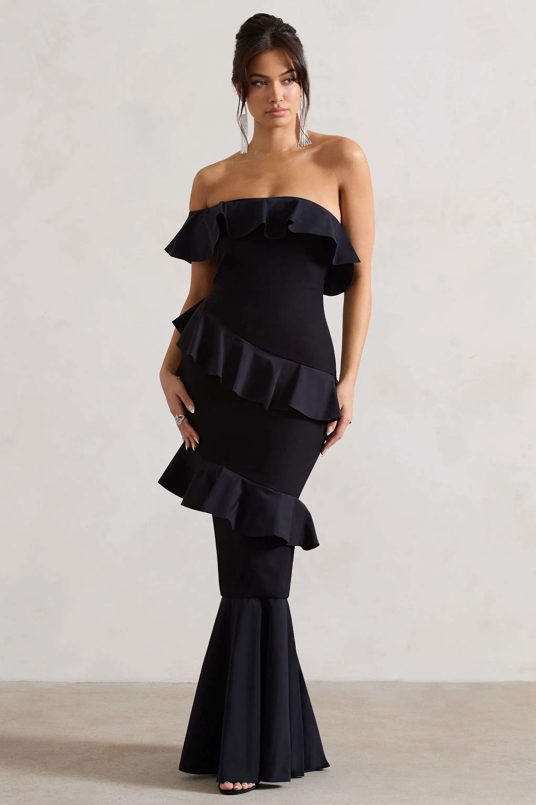 Cinematic | Black Bardot Ruffled Fishtail Maxi Dress Club L London