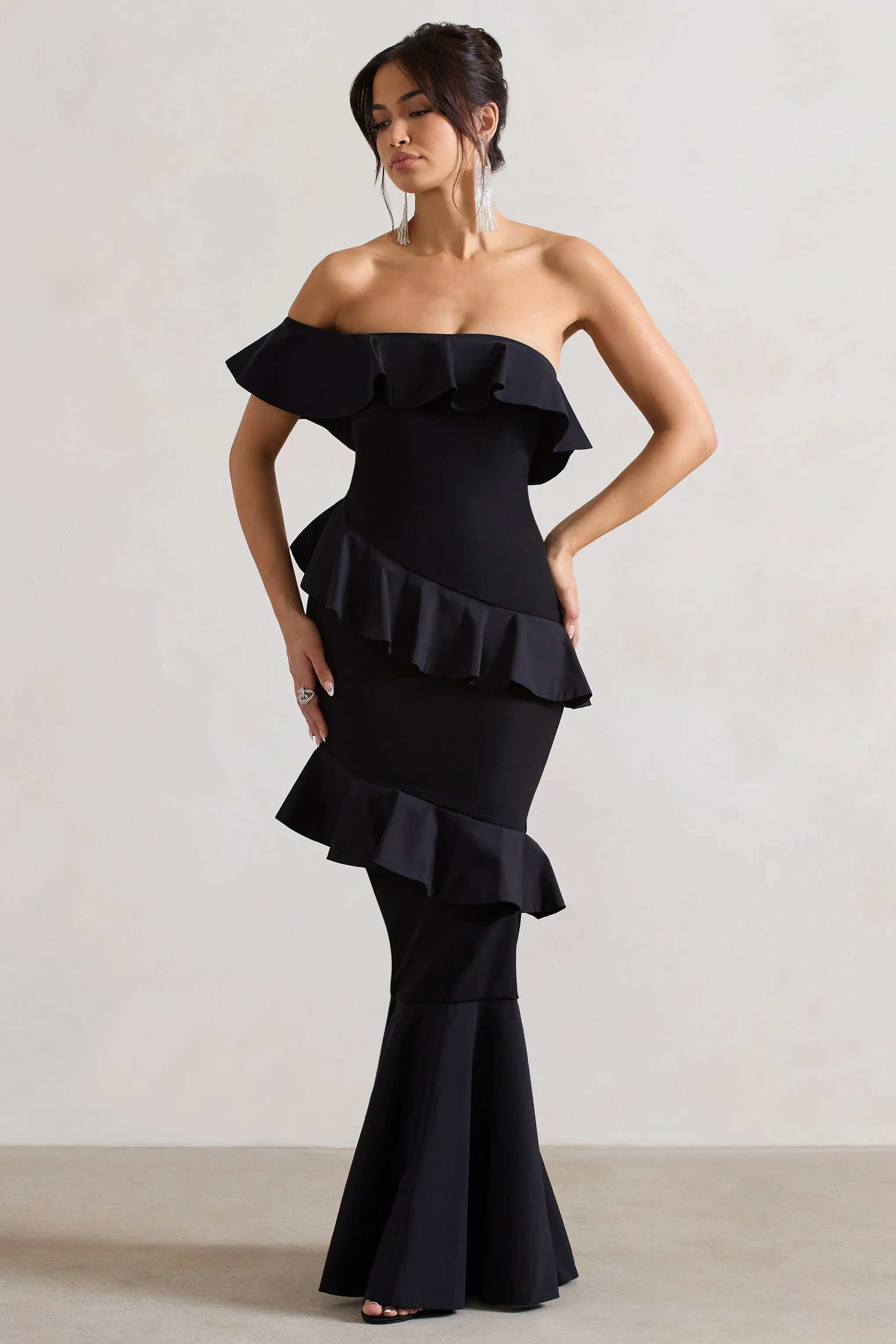 Cinematic | Black Bardot Ruffled Fishtail Maxi Dress Club L London