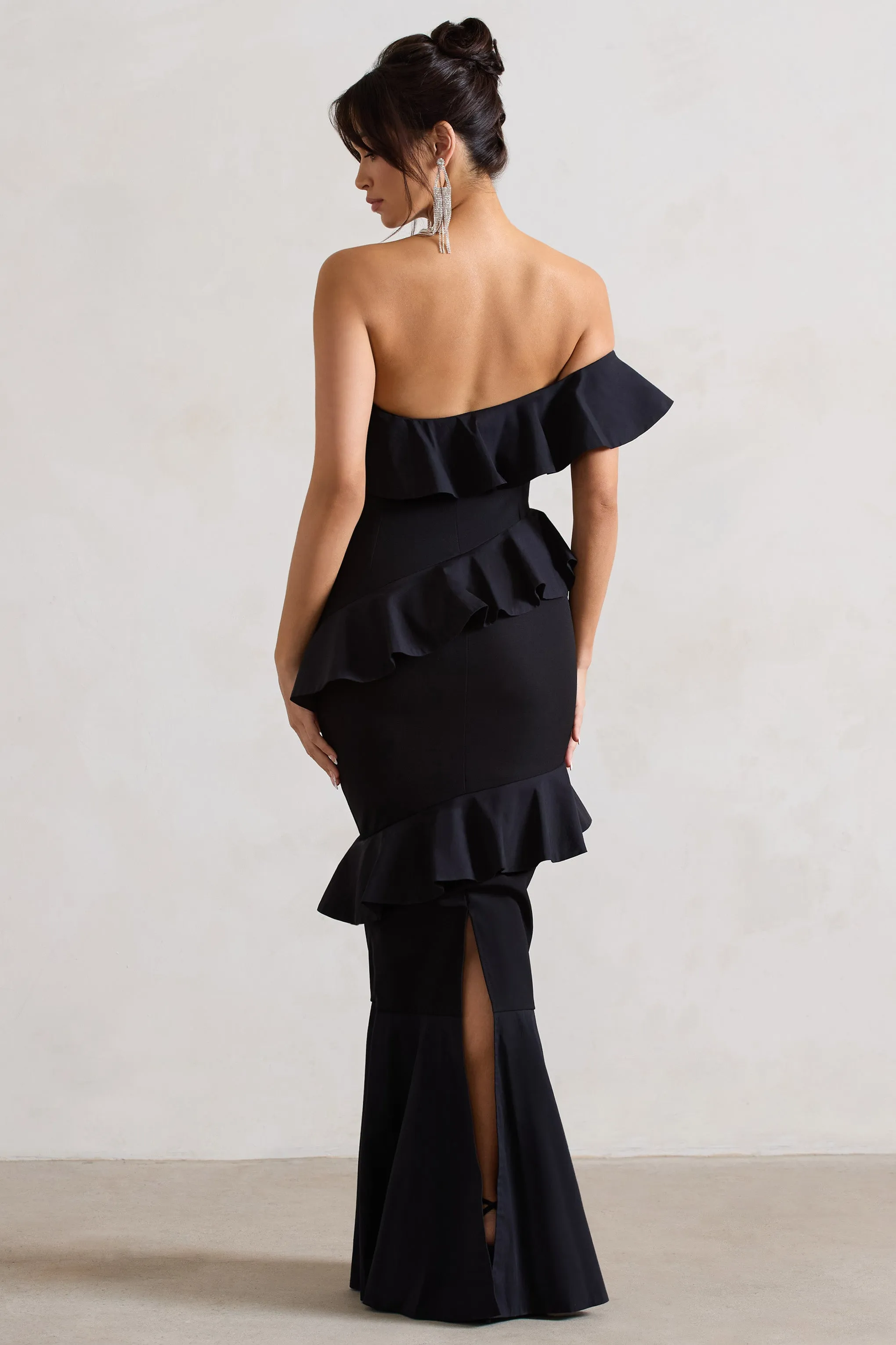Cinematic | Black Bardot Ruffled Fishtail Maxi Dress Club L London
