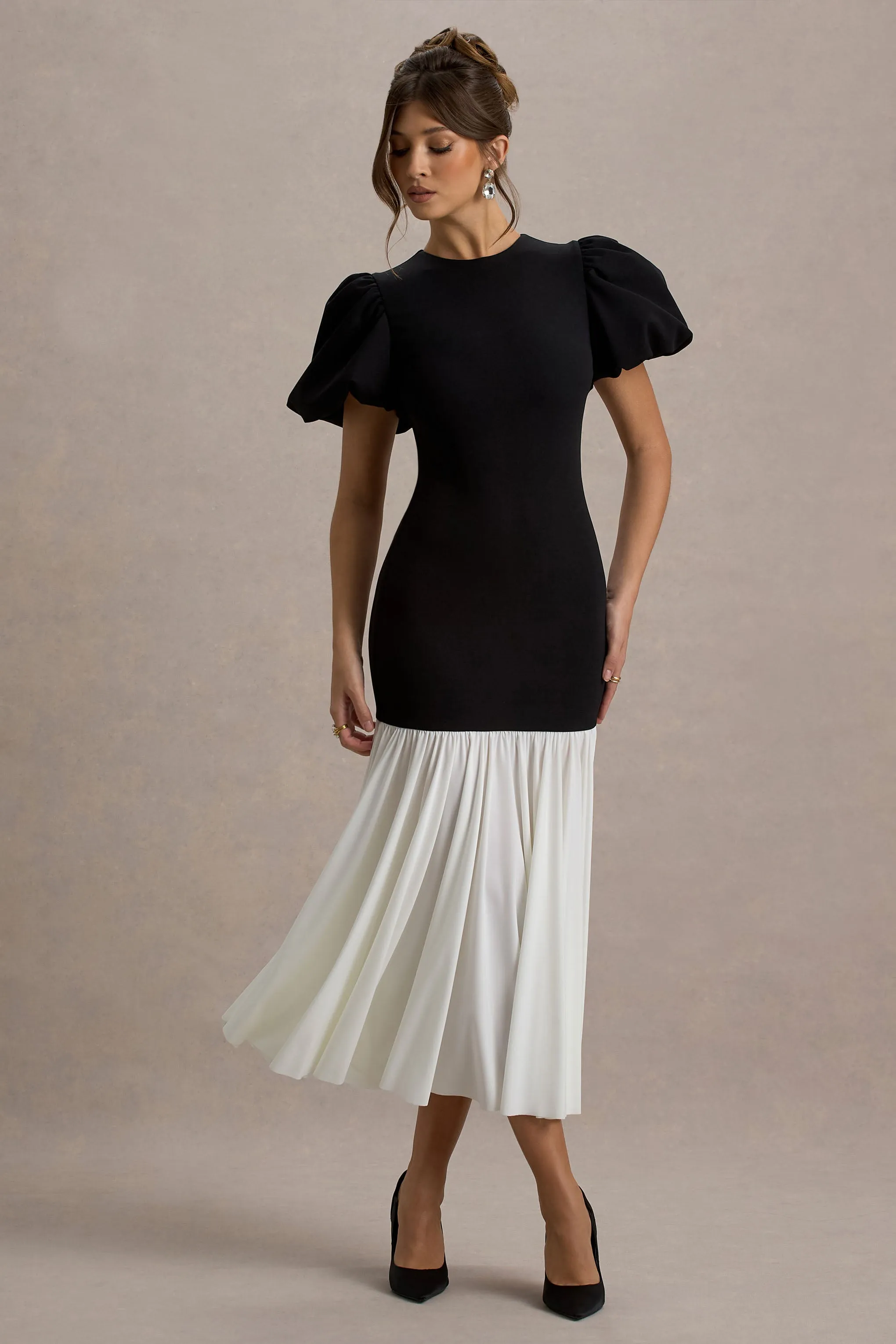 Cinzia | Black & White Puff-Sleeve Volume-Hem Midi Dress Club L London