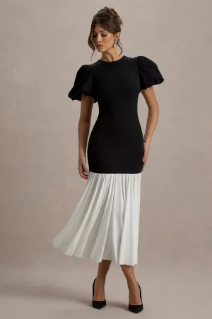 Cinzia | Black & White Puff-Sleeve Volume-Hem Midi Dress Club L London