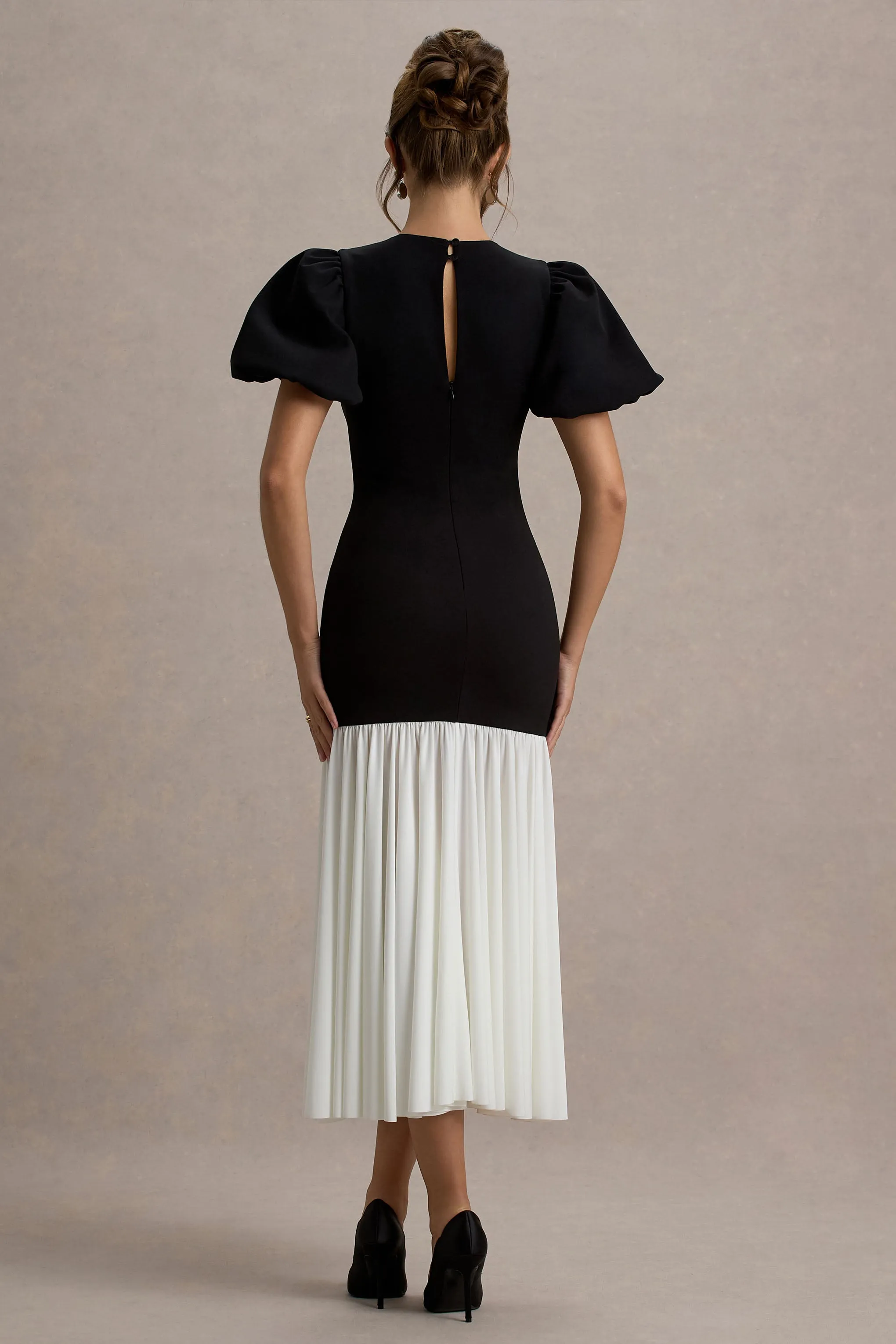 Cinzia | Black & White Puff-Sleeve Volume-Hem Midi Dress Club L London