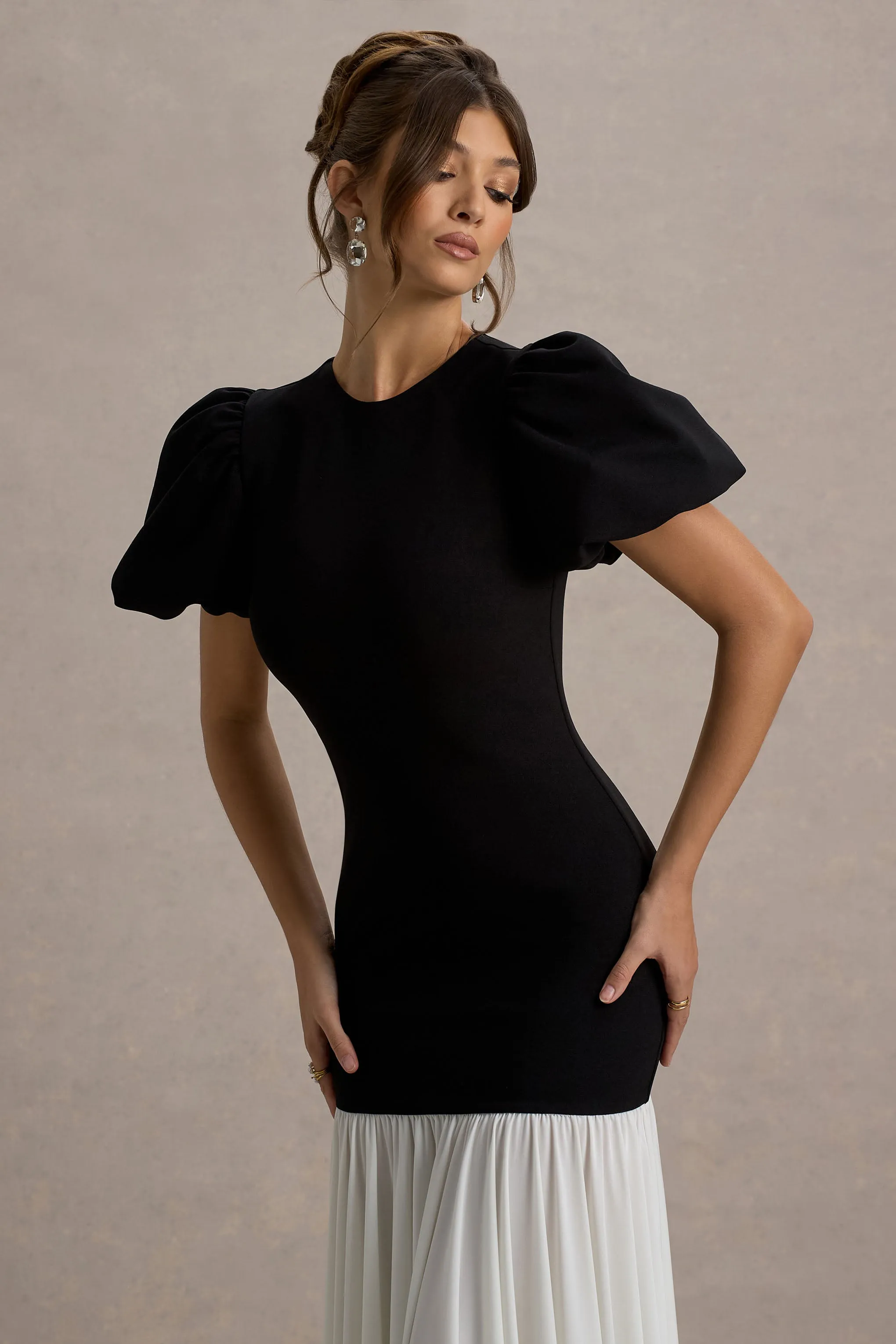 Cinzia | Black & White Puff-Sleeve Volume-Hem Midi Dress Club L London