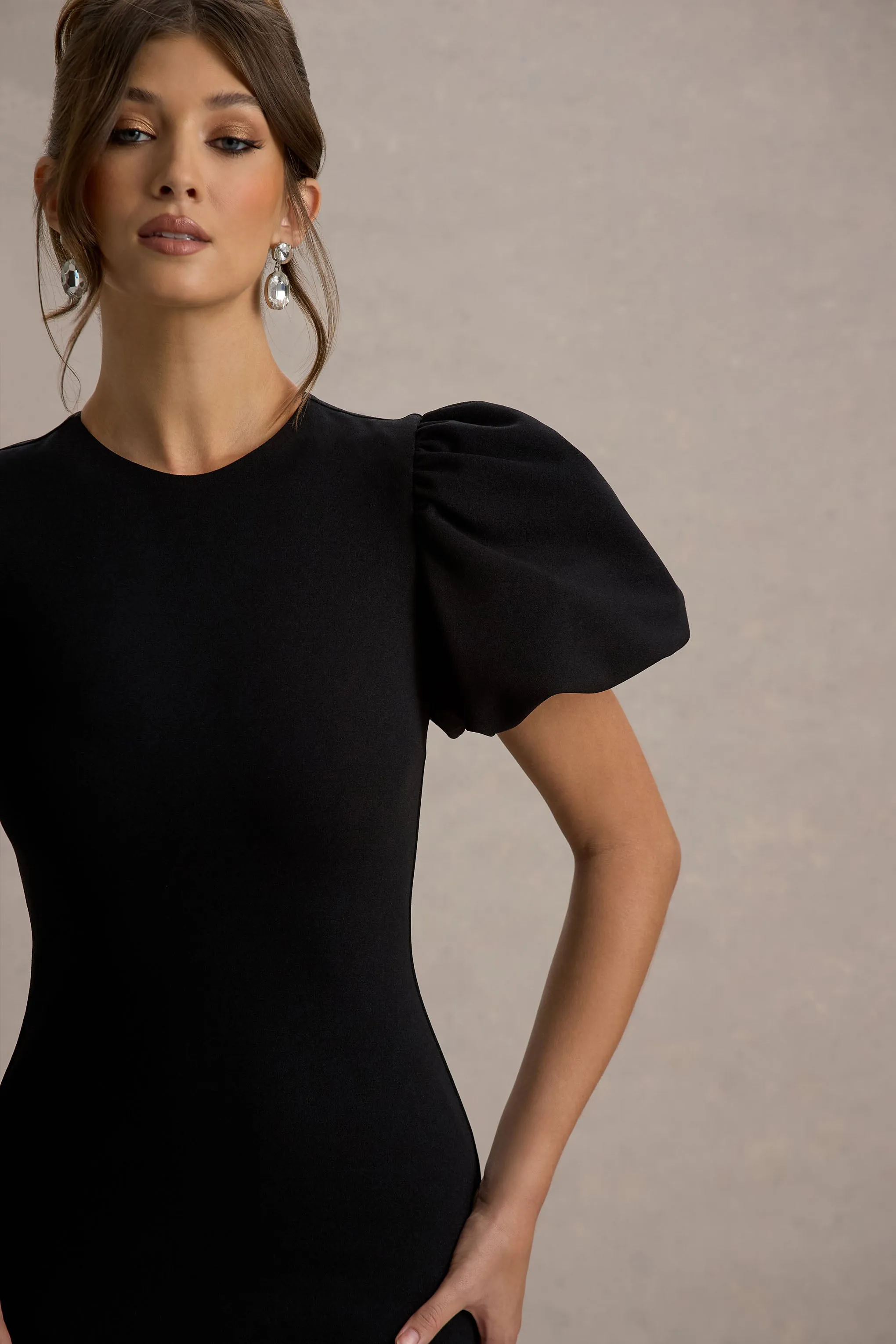 Cinzia | Black & White Puff-Sleeve Volume-Hem Midi Dress Club L London