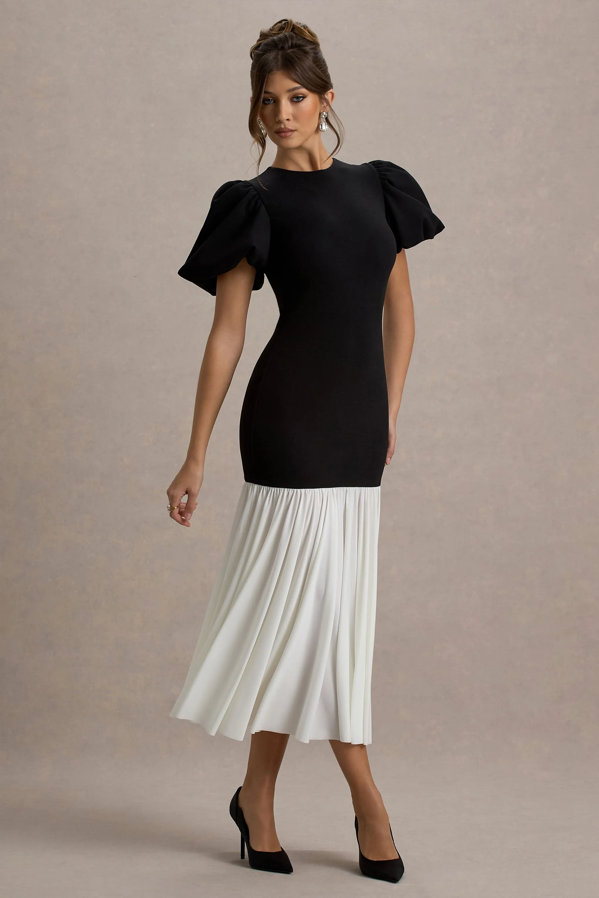 Cinzia | Black & White Puff-Sleeve Volume-Hem Midi Dress Club L London