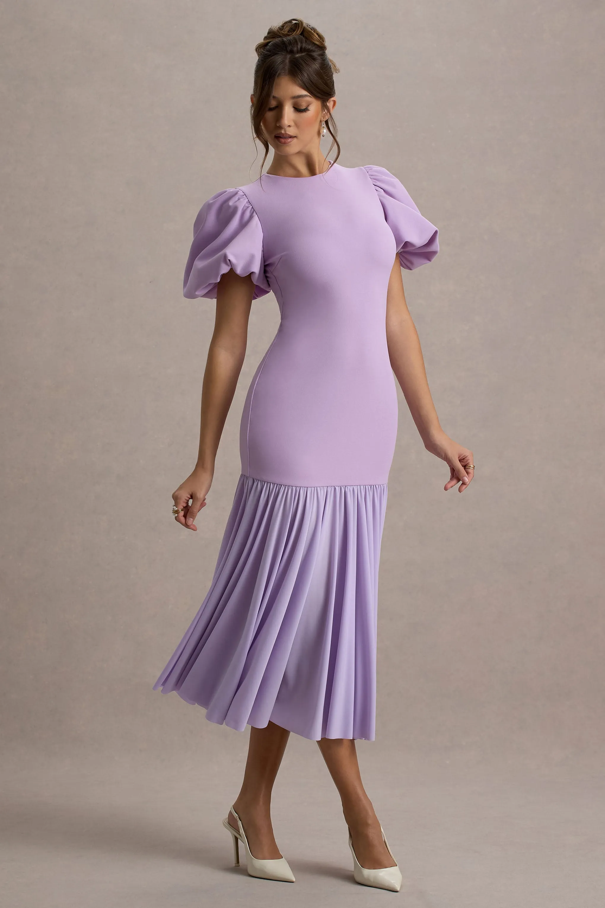 Cinzia | Lilac Puff-Sleeve Volume-Hem Midi Dress Club L London