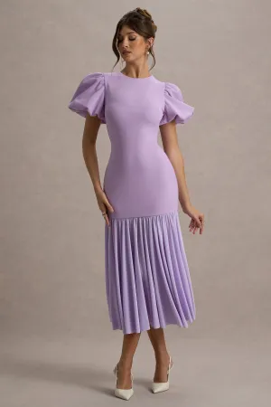 Cinzia | Lilac Puff-Sleeve Volume-Hem Midi Dress Club L London