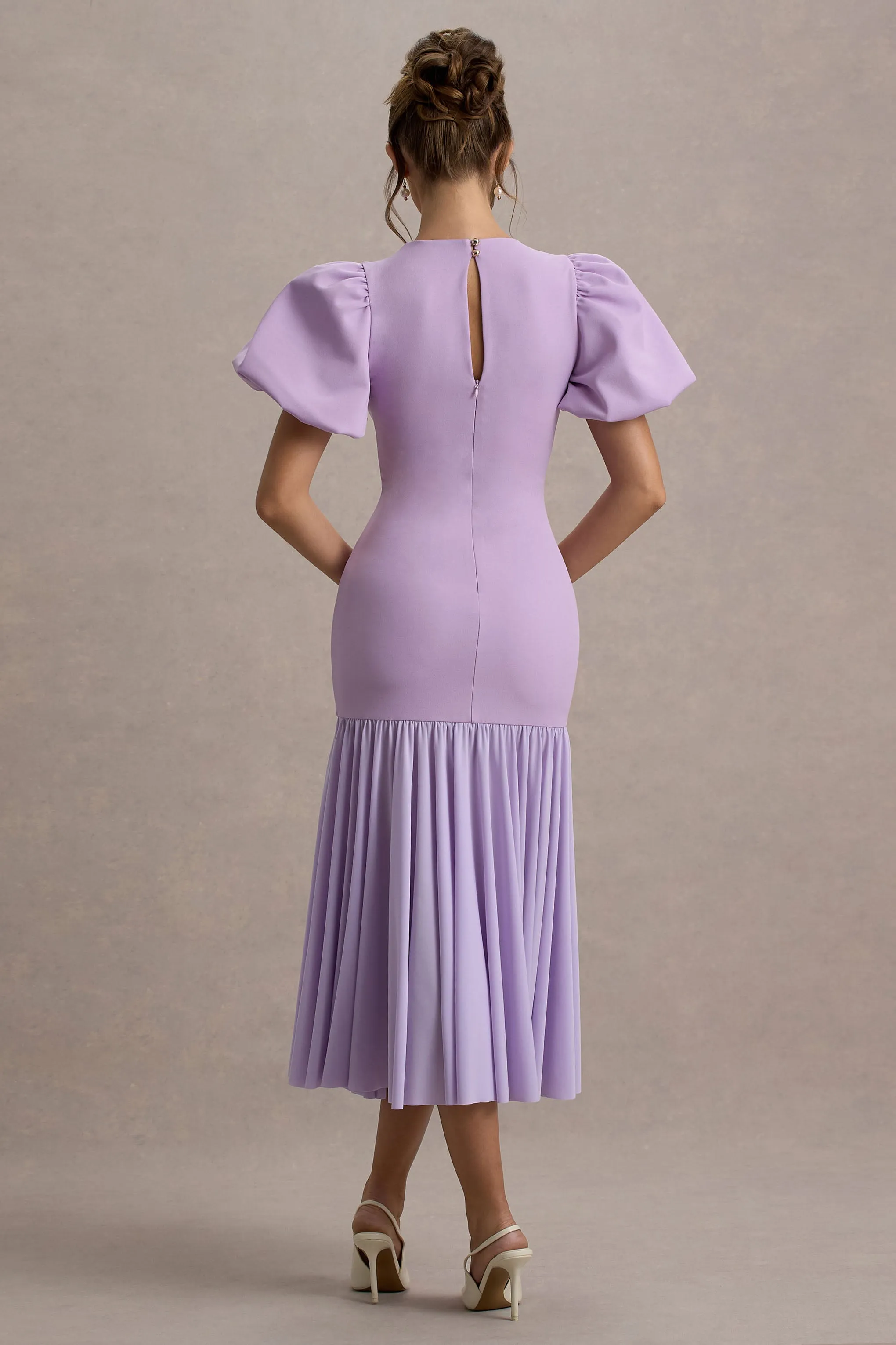 Cinzia | Lilac Puff-Sleeve Volume-Hem Midi Dress Club L London