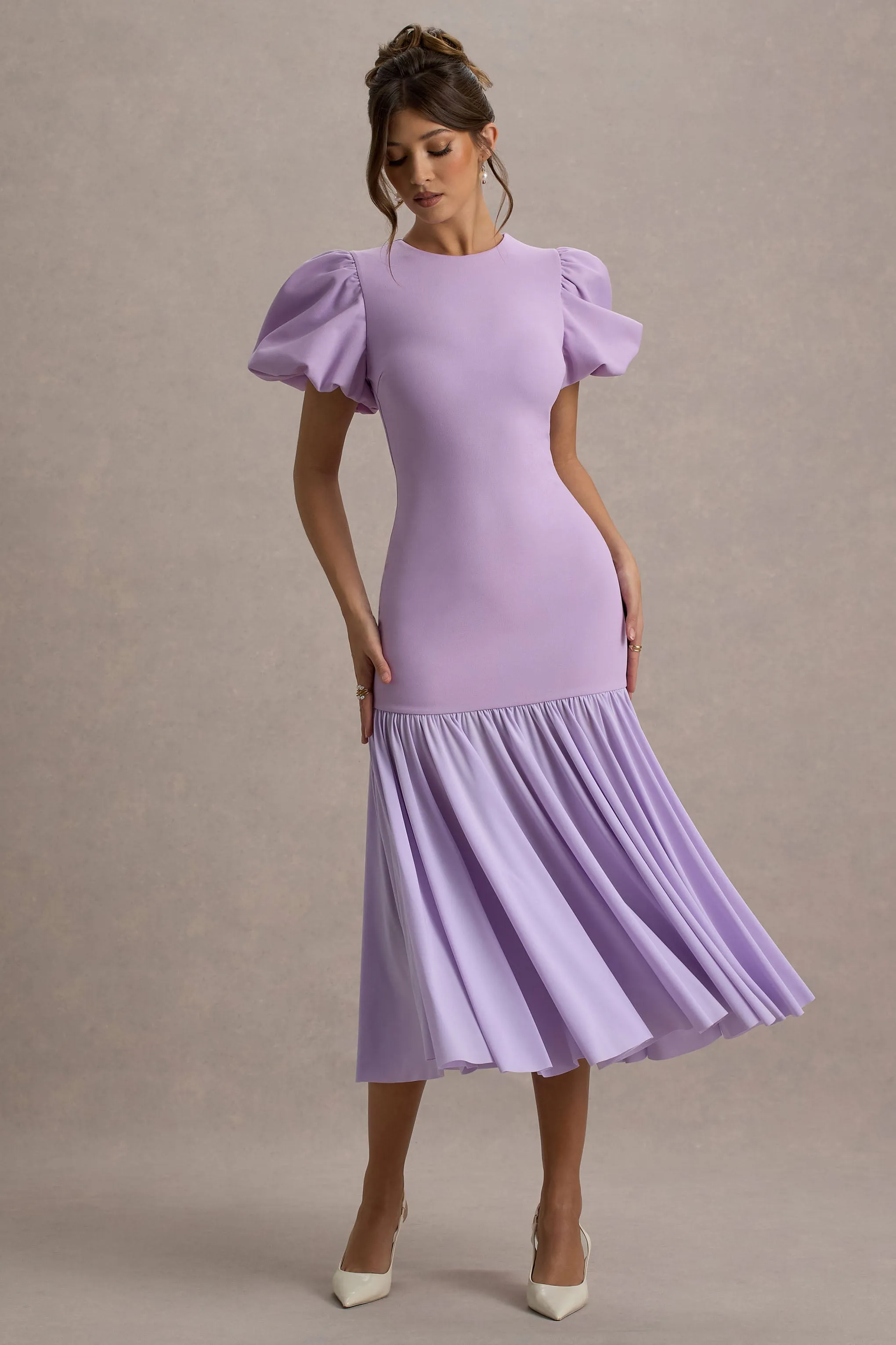 Cinzia | Lilac Puff-Sleeve Volume-Hem Midi Dress Club L London