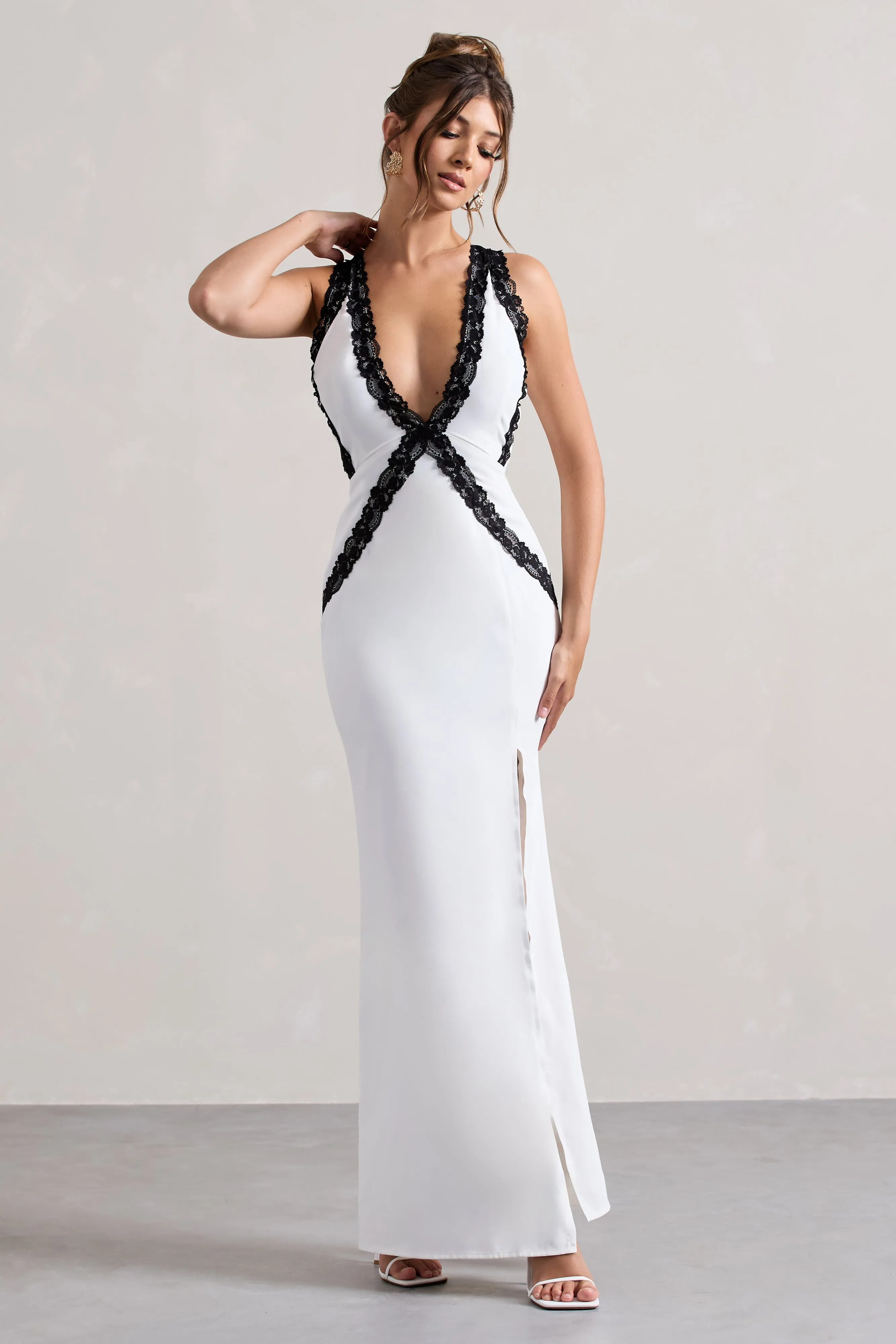 Cirilla | White Plunge-Neck Split Maxi Dress With Lace Detail Club L London