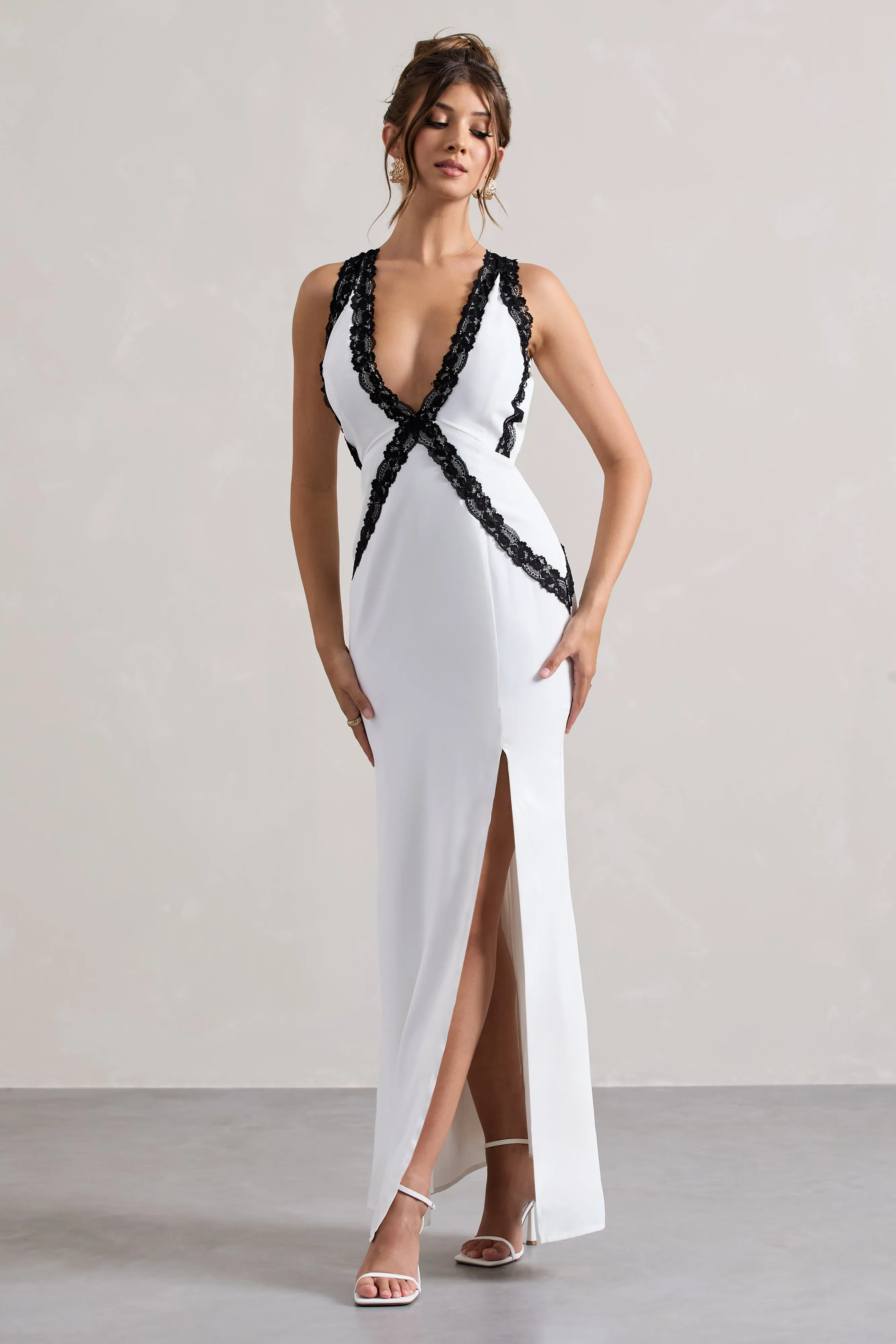 Cirilla | White Plunge-Neck Split Maxi Dress With Lace Detail Club L London