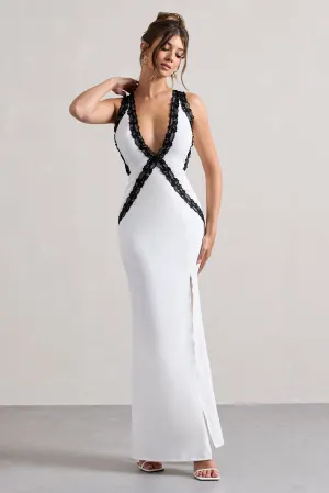 Cirilla | White Plunge-Neck Split Maxi Dress With Lace Detail Club L London