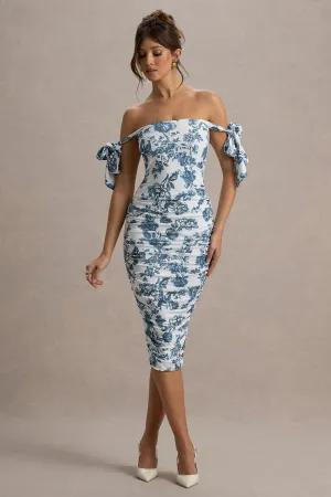 Citrus | Blue Porcelain Print Bardot Bodycon Midi Dress With Bow Sleeves Club L London