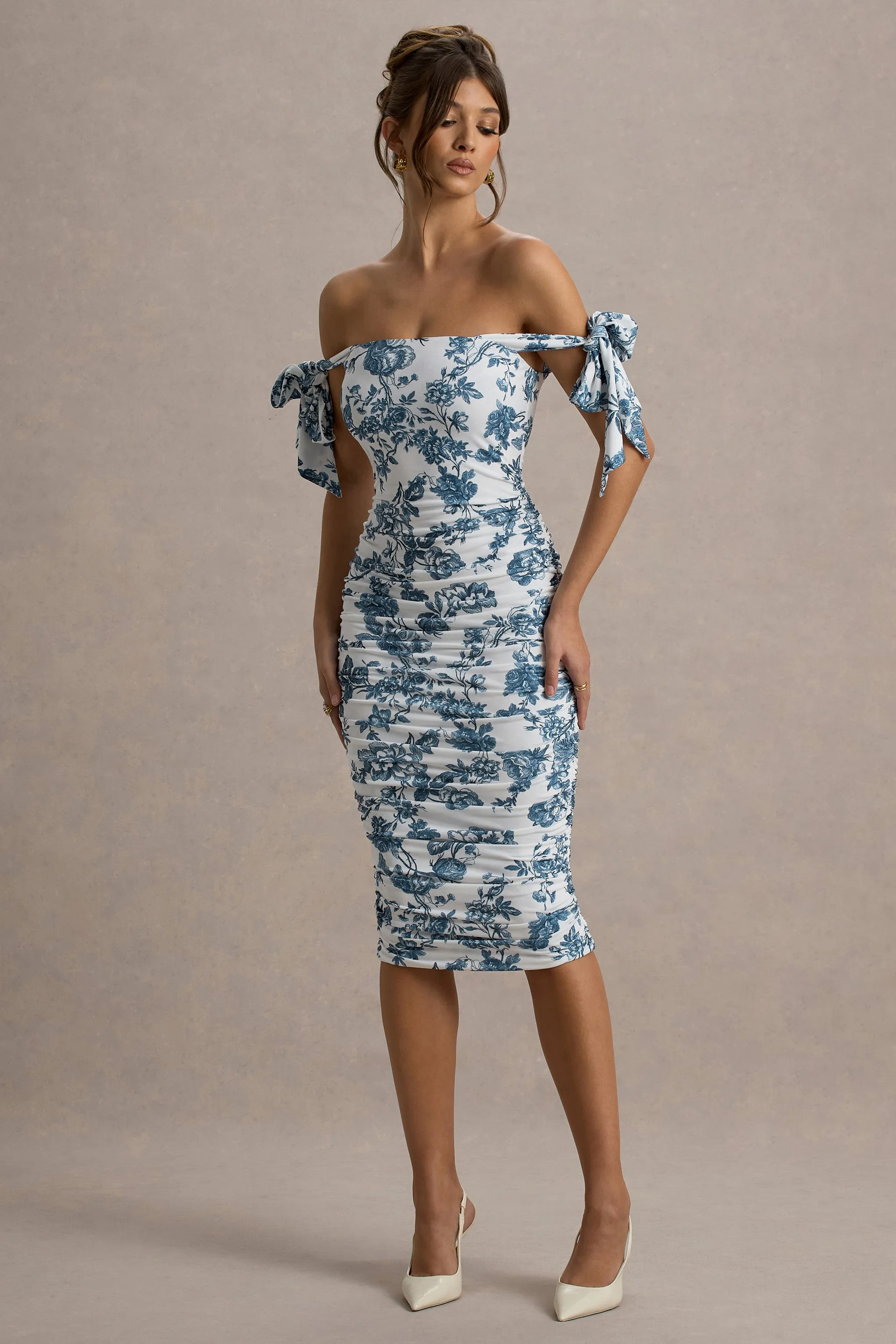 Citrus | Blue Porcelain Print Bardot Bodycon Midi Dress With Bow Sleeves Club L London
