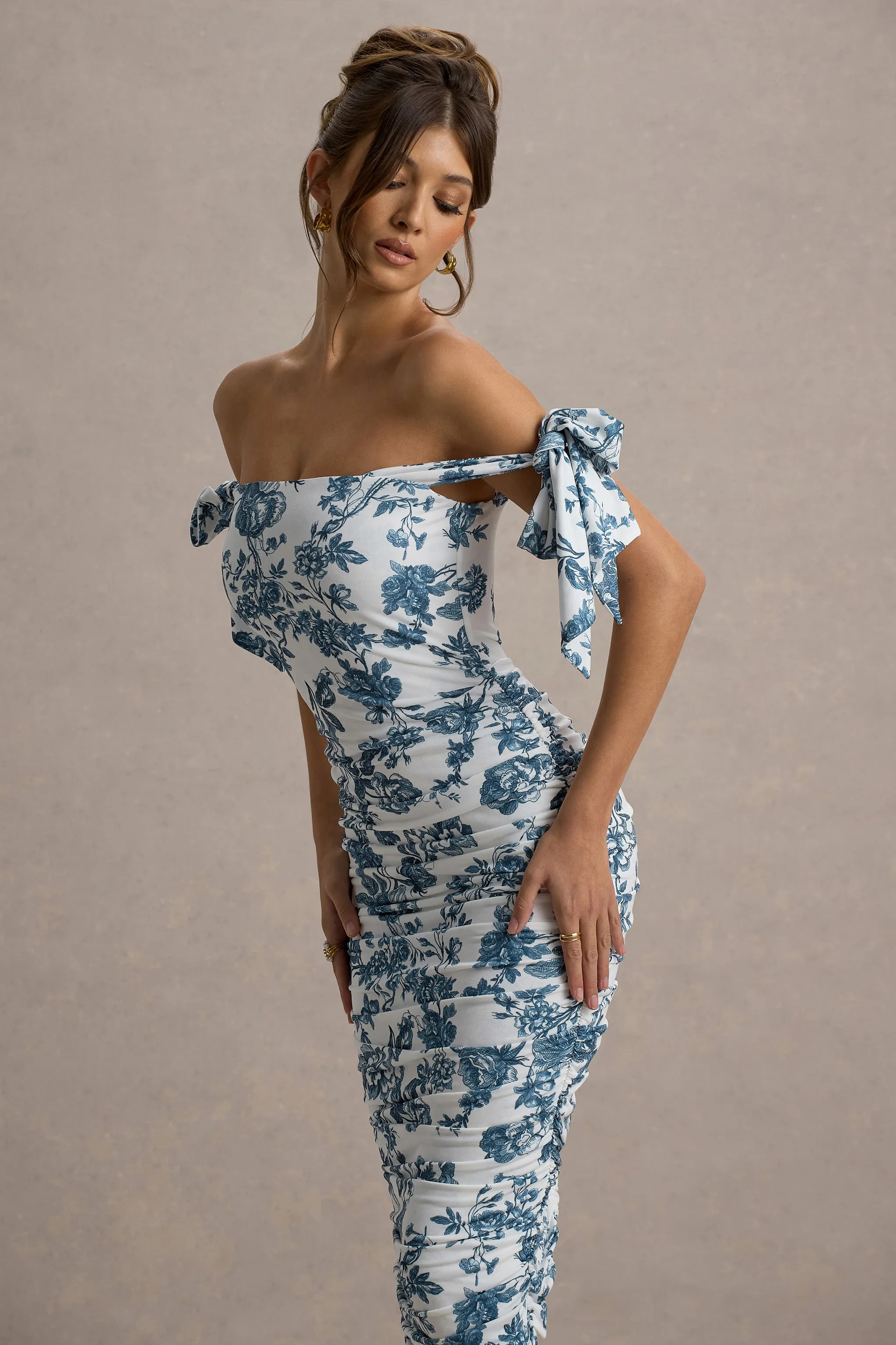 Citrus | Blue Porcelain Print Bardot Bodycon Midi Dress With Bow Sleeves Club L London