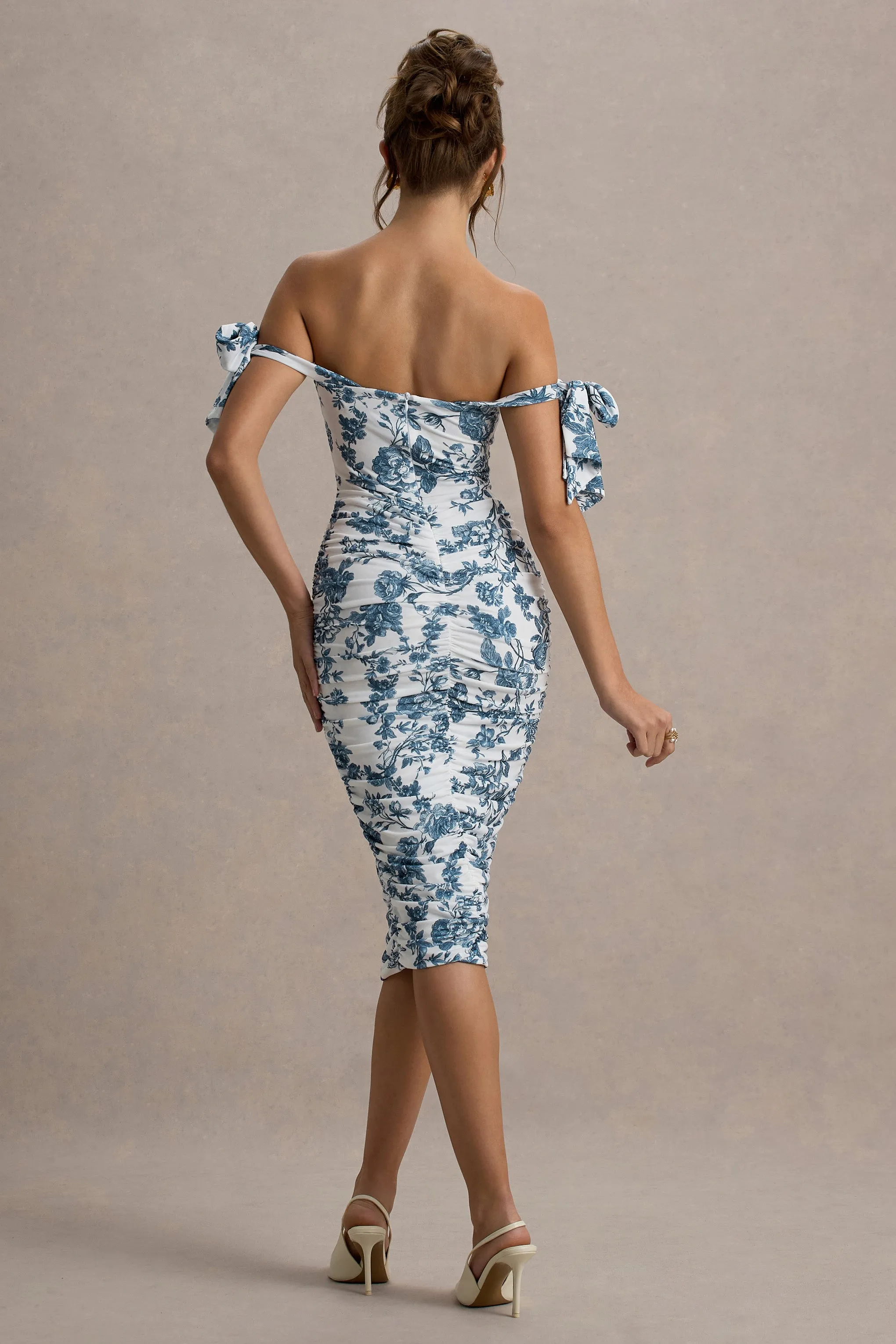Citrus | Blue Porcelain Print Bardot Bodycon Midi Dress With Bow Sleeves Club L London