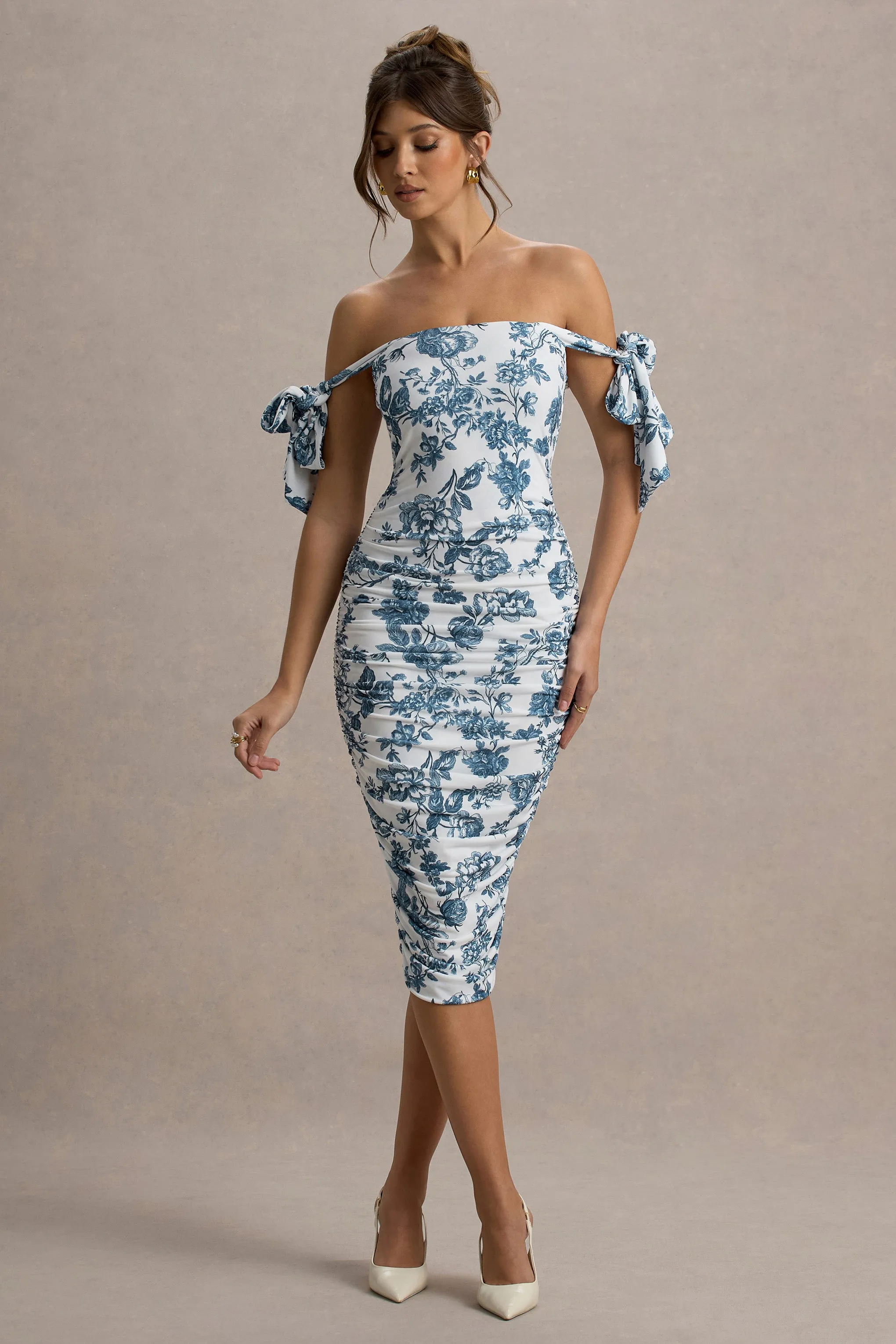 Citrus | Blue Porcelain Print Bardot Bodycon Midi Dress With Bow Sleeves Club L London
