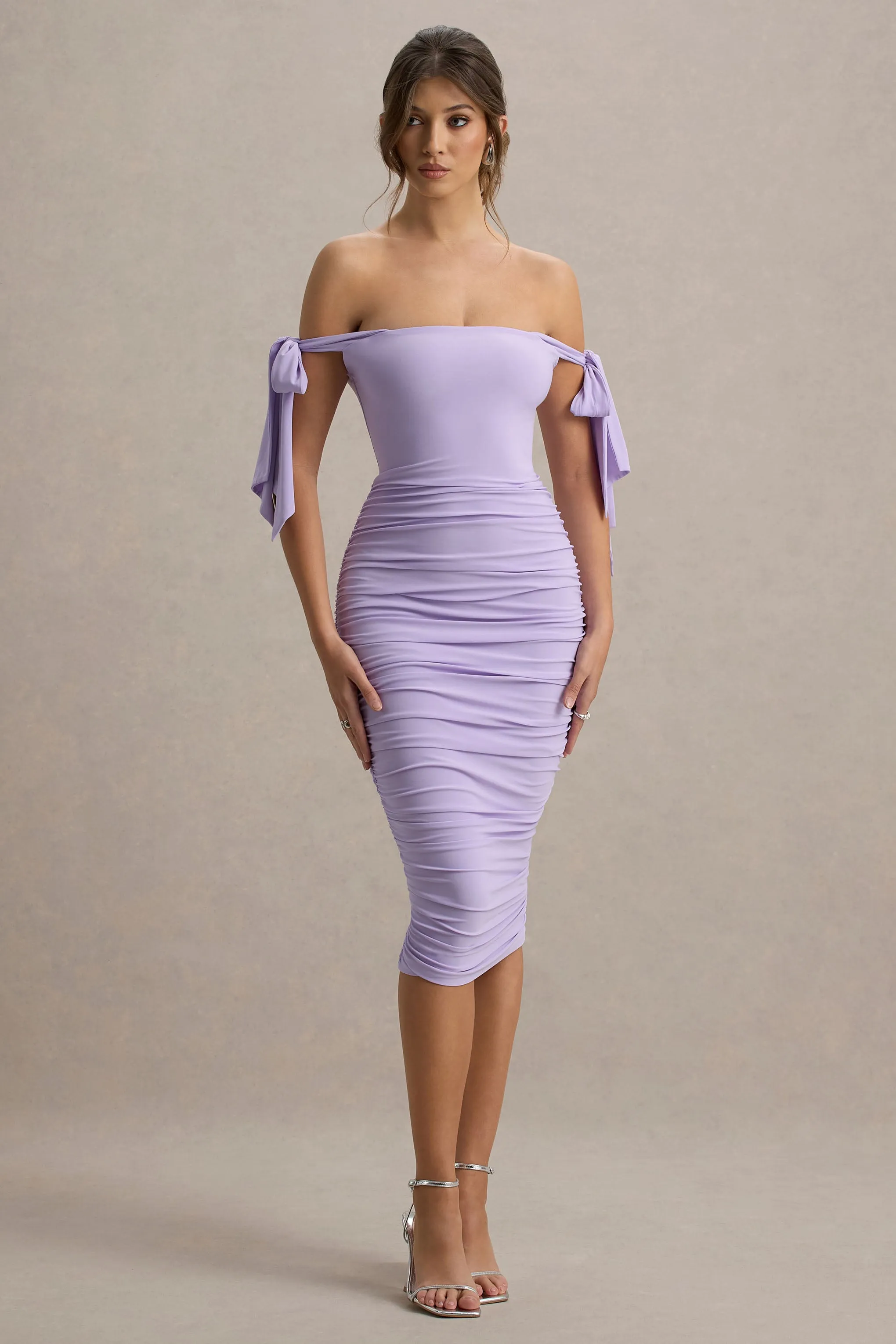 Citrus | Lilac Bardot Bodycon Midi Dress With Bow Sleeves Club L London