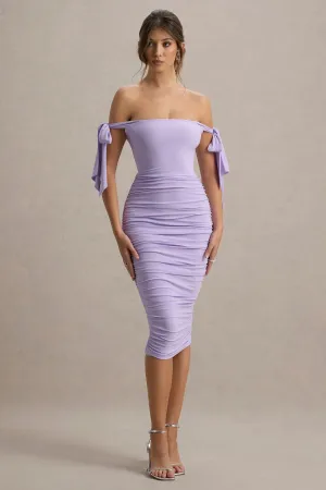 Citrus | Lilac Bardot Bodycon Midi Dress With Bow Sleeves Club L London