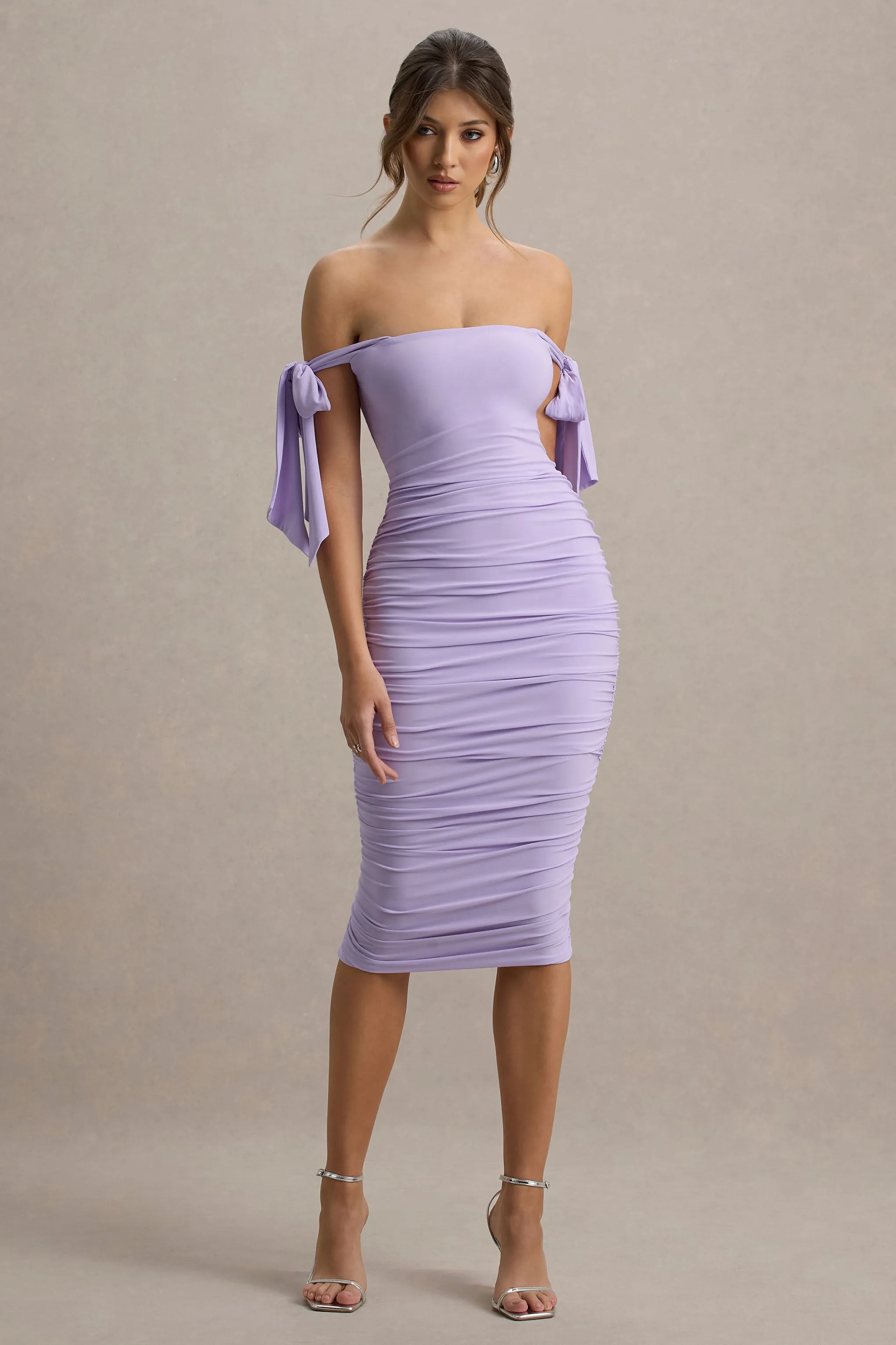 Citrus | Lilac Bardot Bodycon Midi Dress With Bow Sleeves Club L London