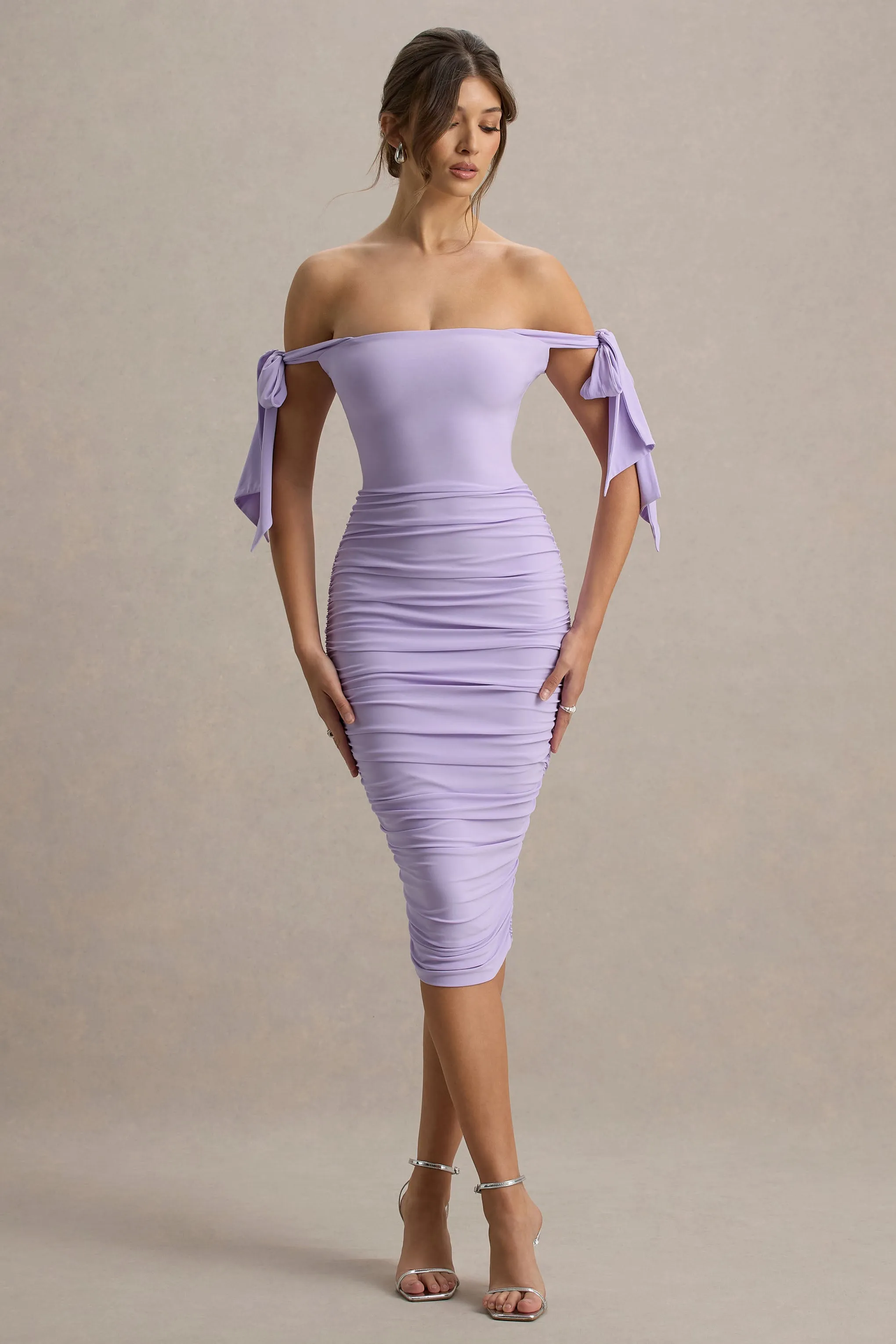 Citrus | Lilac Bardot Bodycon Midi Dress With Bow Sleeves Club L London