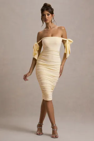 Citrus | Pale Lemon Bardot Bodycon Midi Dress With Bow Sleeves Club L London