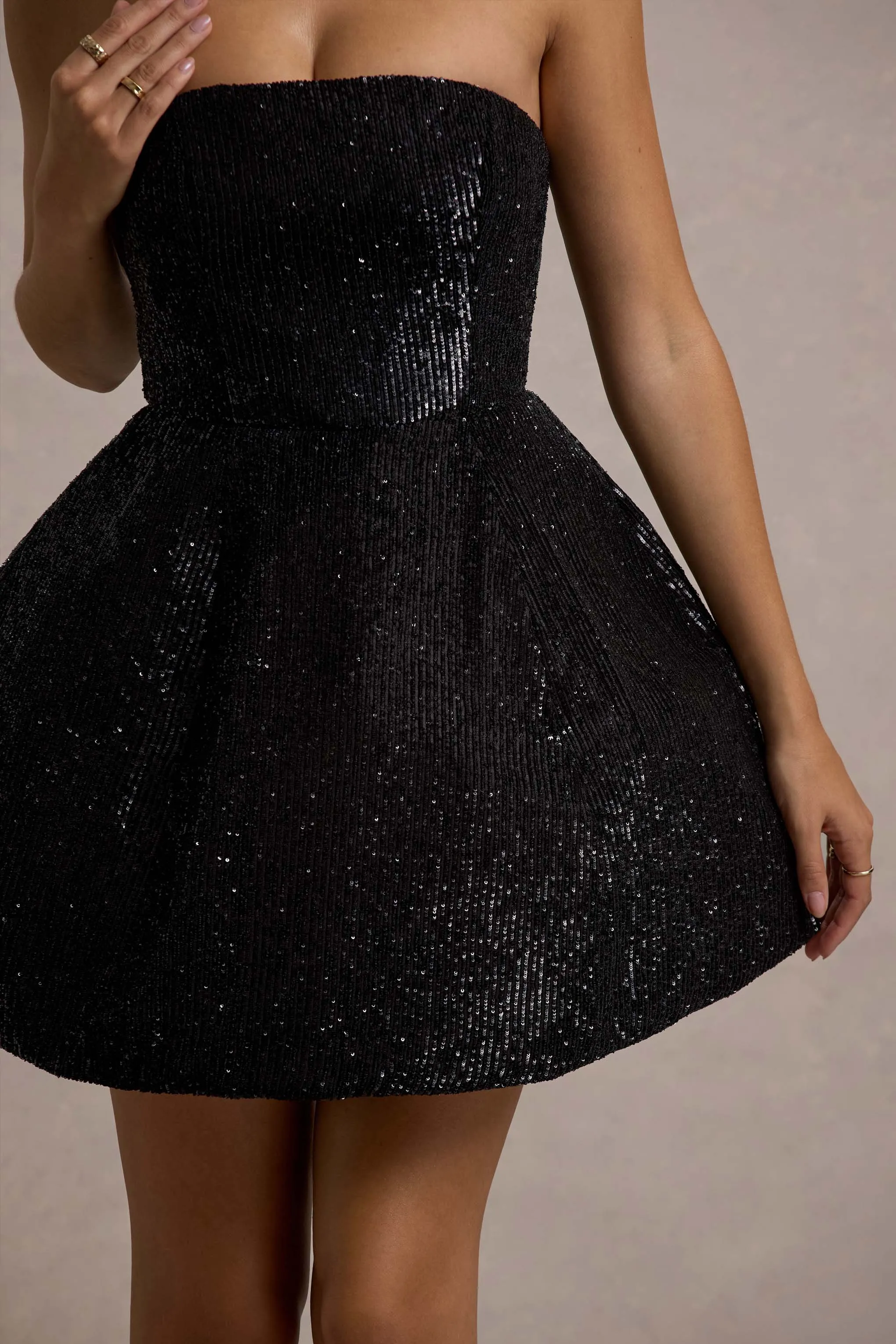 Clarabell | Black Sequin Bandeau Structured Mini Dress Club L London