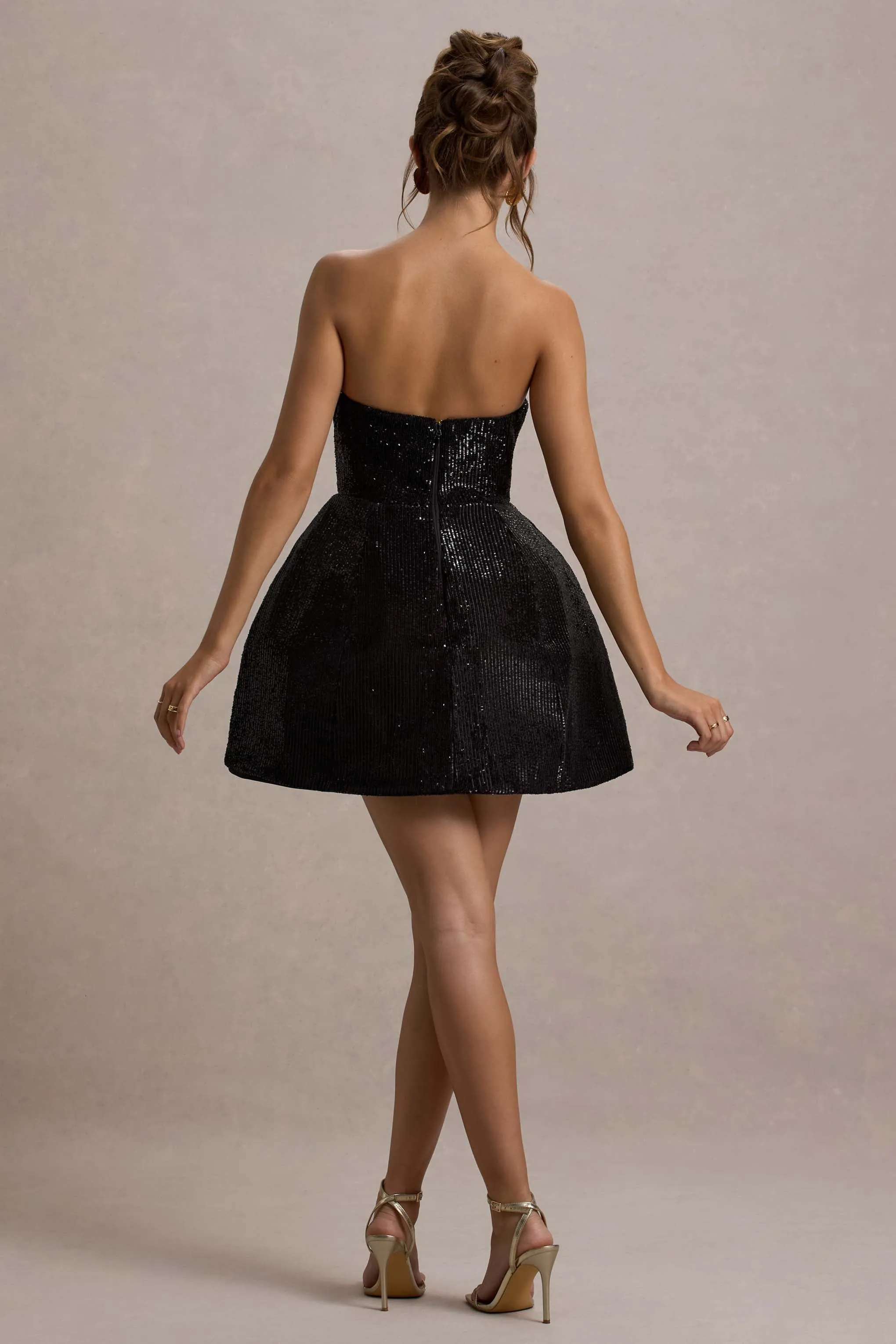 Clarabell | Black Sequin Bandeau Structured Mini Dress Club L London