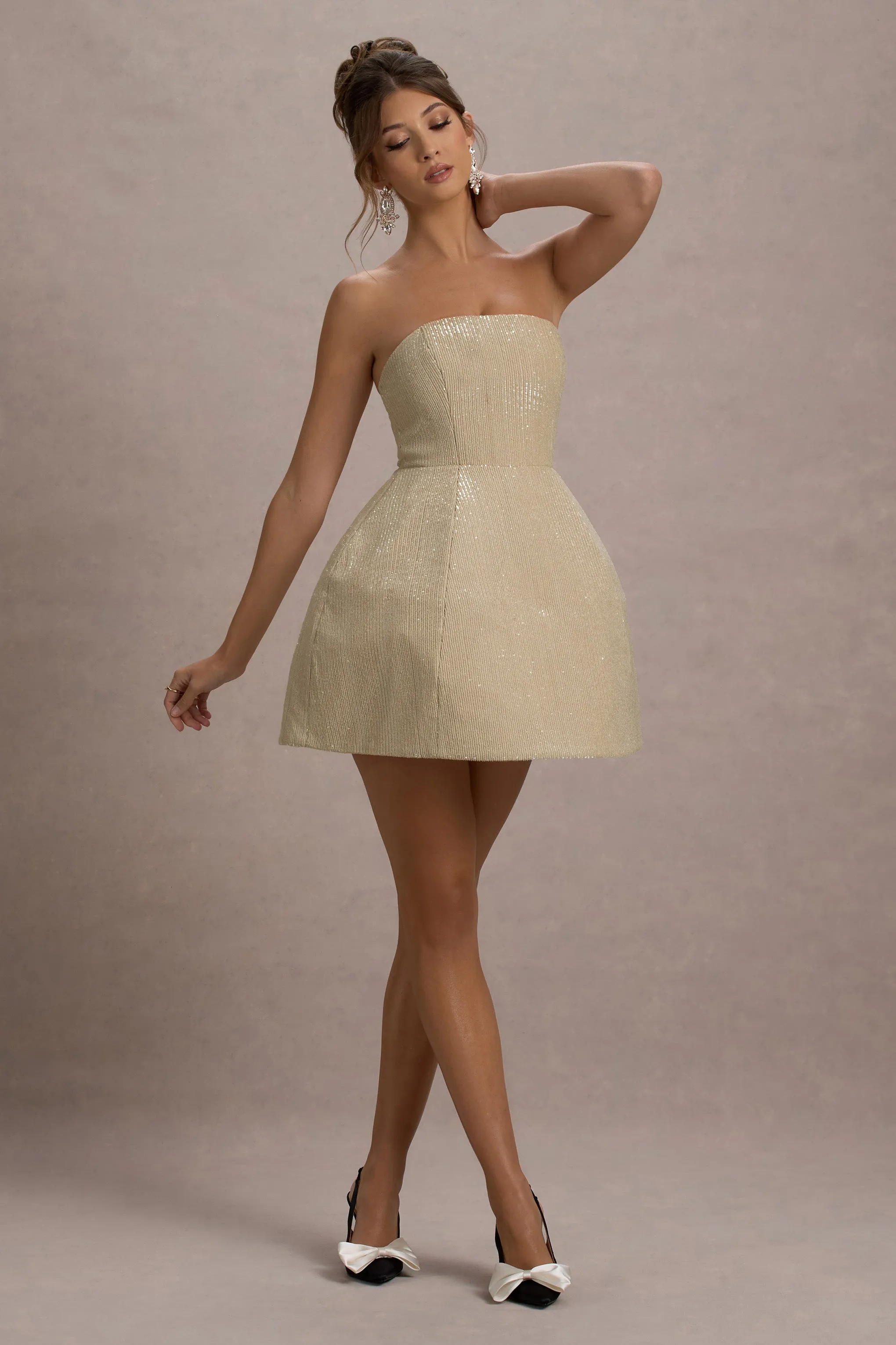 Clarabell | Cream Sequin Bandeau Structured Mini Dress Club L London
