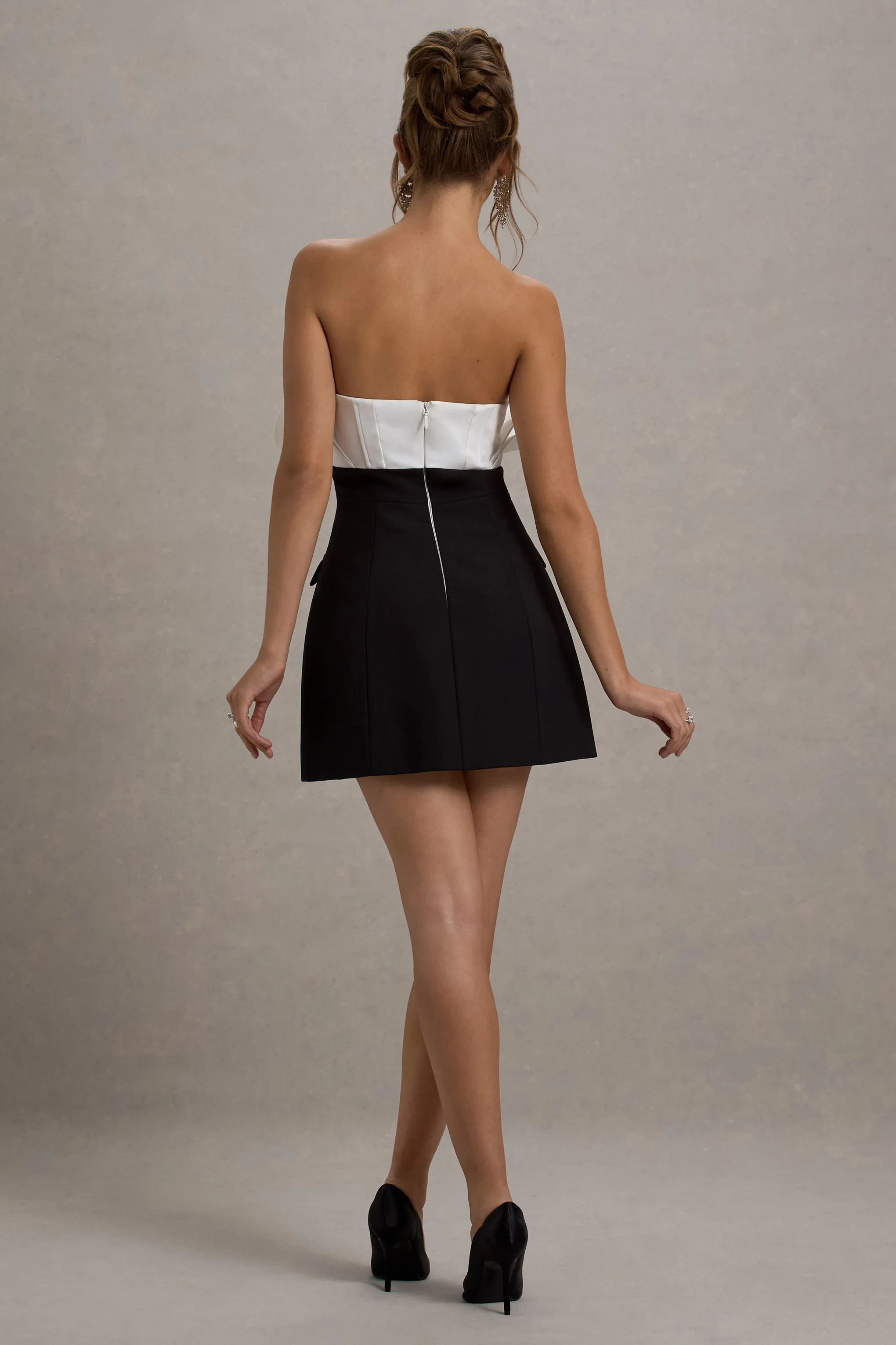 Clare | Black & White Ruffled Strapless Tailored Mini Dress Club L London
