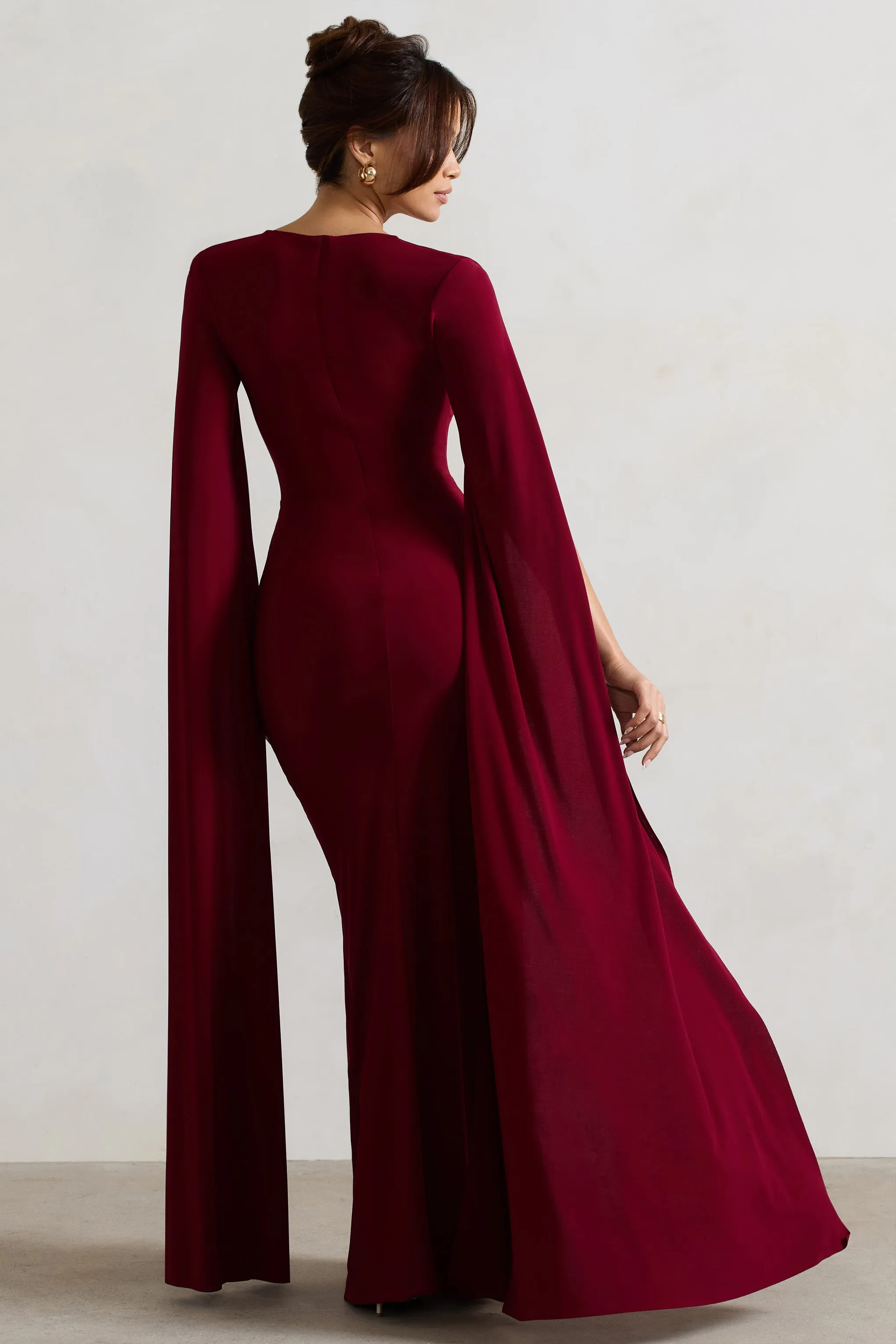 Claretta | Berry Square Neck Twisted Maxi Dress With Cape Sleeves Club L London