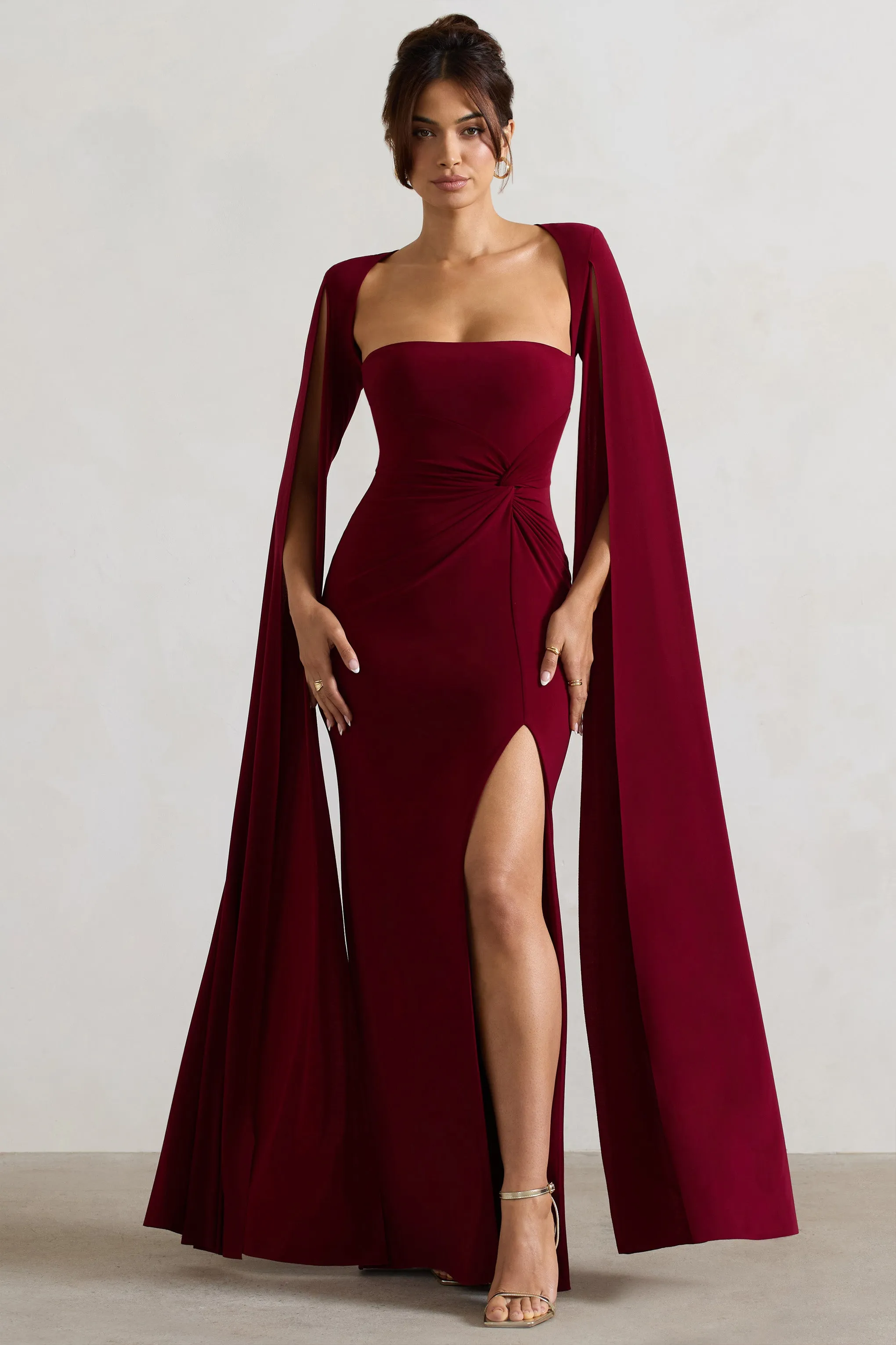 Claretta | Berry Square Neck Twisted Maxi Dress With Cape Sleeves Club L London