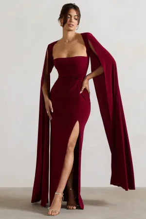 Claretta | Berry Square Neck Twisted Maxi Dress With Cape Sleeves Club L London