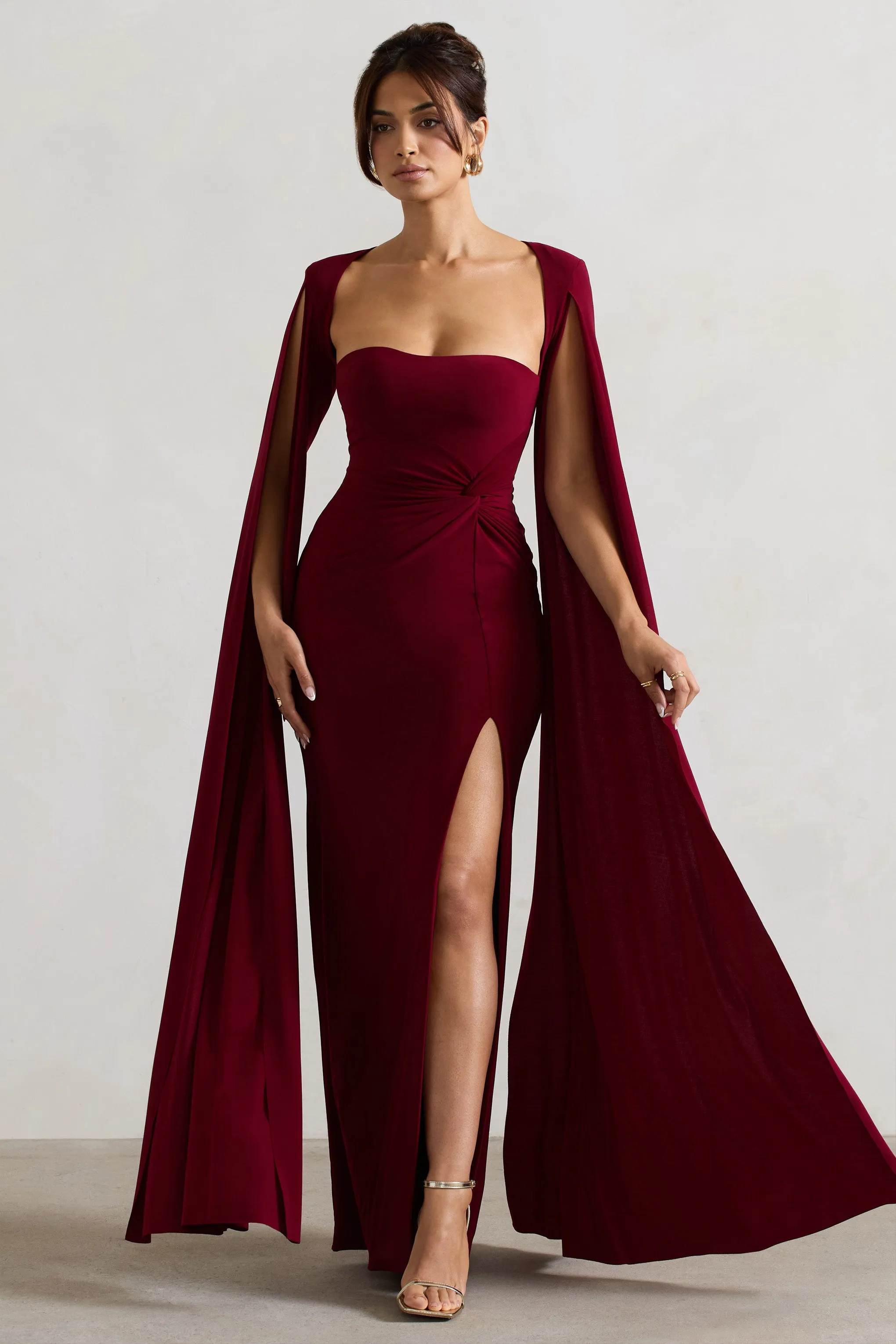 Claretta | Berry Square Neck Twisted Maxi Dress With Cape Sleeves Club L London