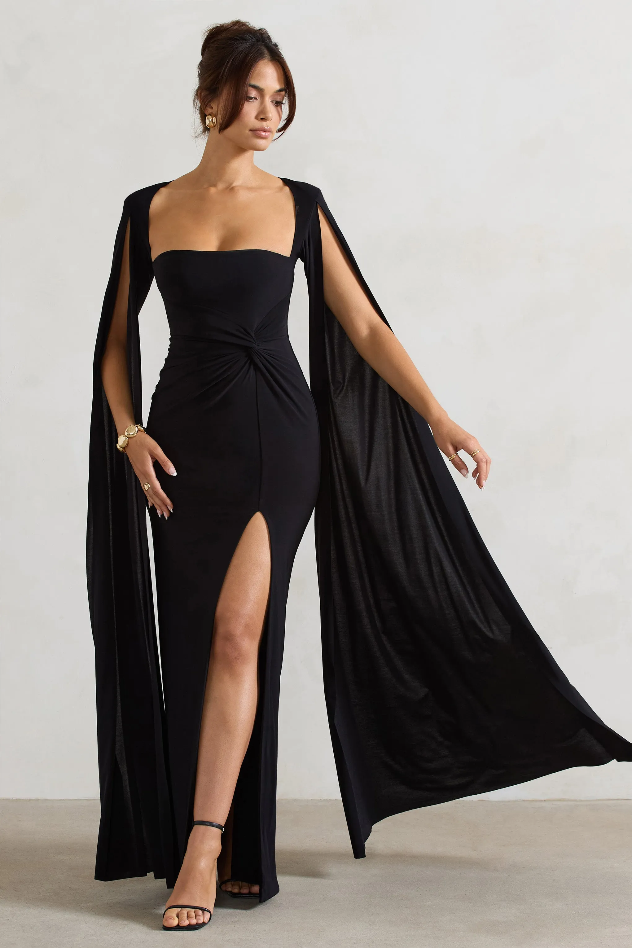Claretta | Black Square Neck Twisted Maxi Dress With Cape Sleeves Club L London