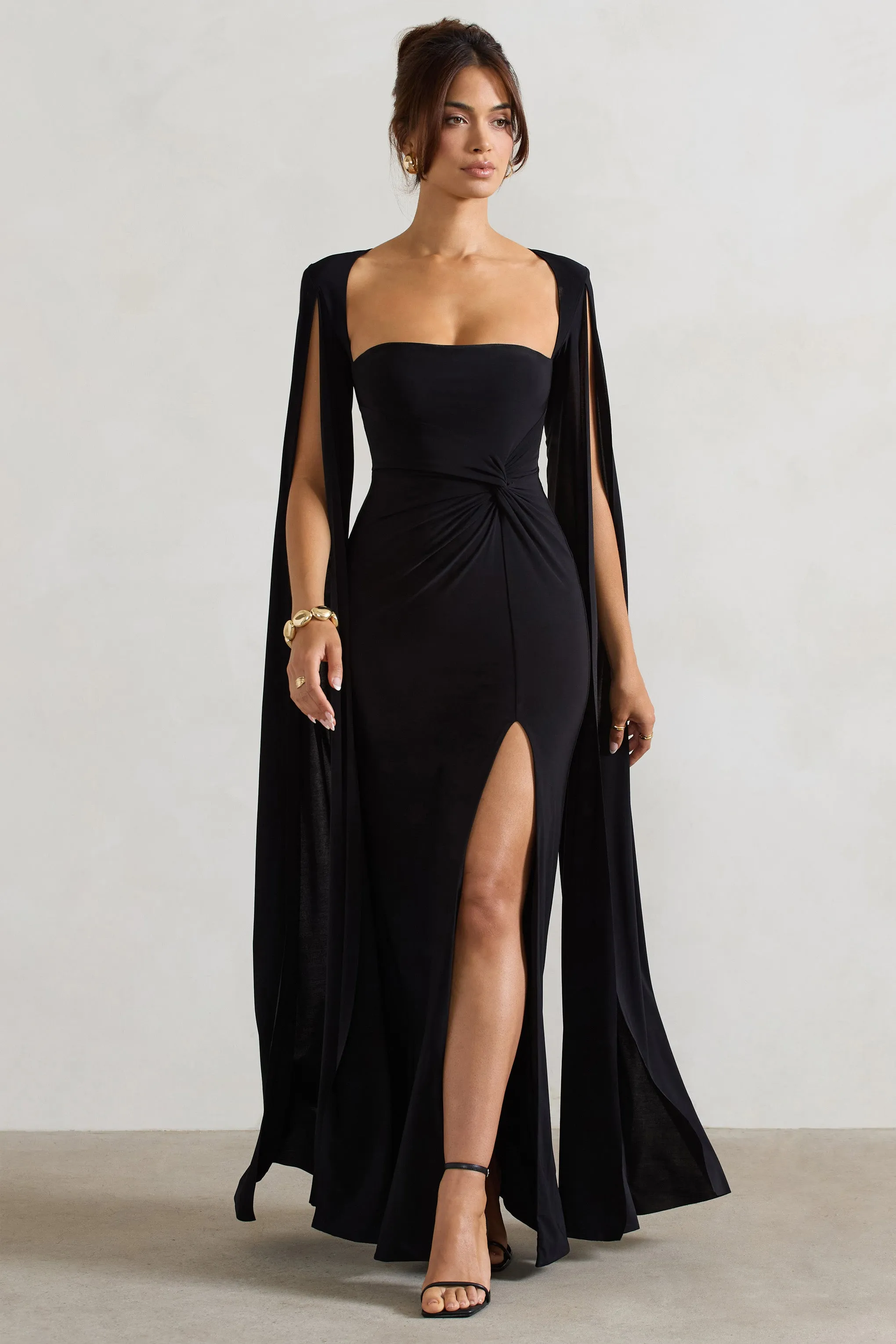 Claretta | Black Square Neck Twisted Maxi Dress With Cape Sleeves Club L London