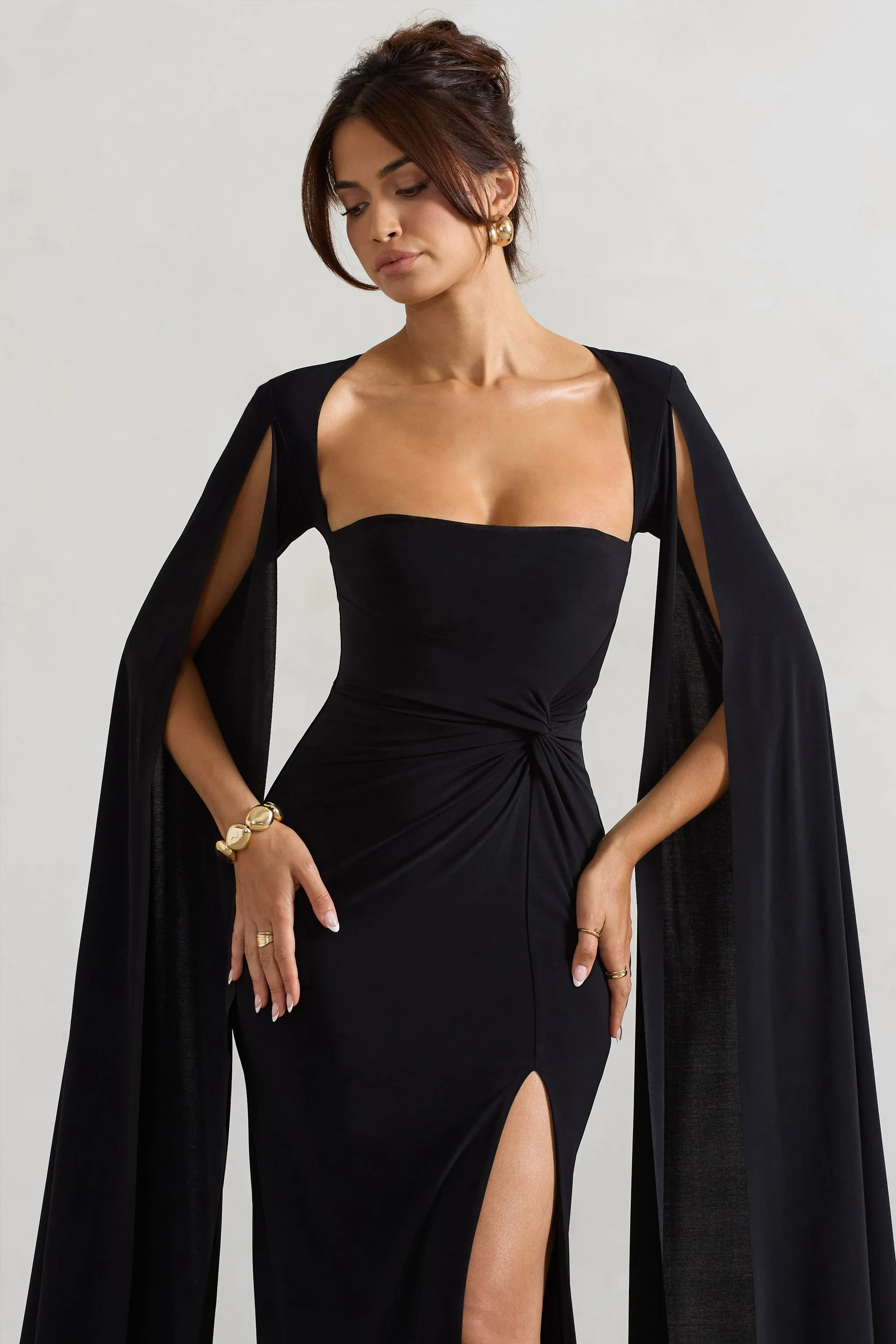 Claretta | Black Square Neck Twisted Maxi Dress With Cape Sleeves Club L London