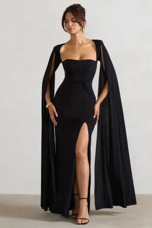 Claretta | Black Square Neck Twisted Maxi Dress With Cape Sleeves Club L London
