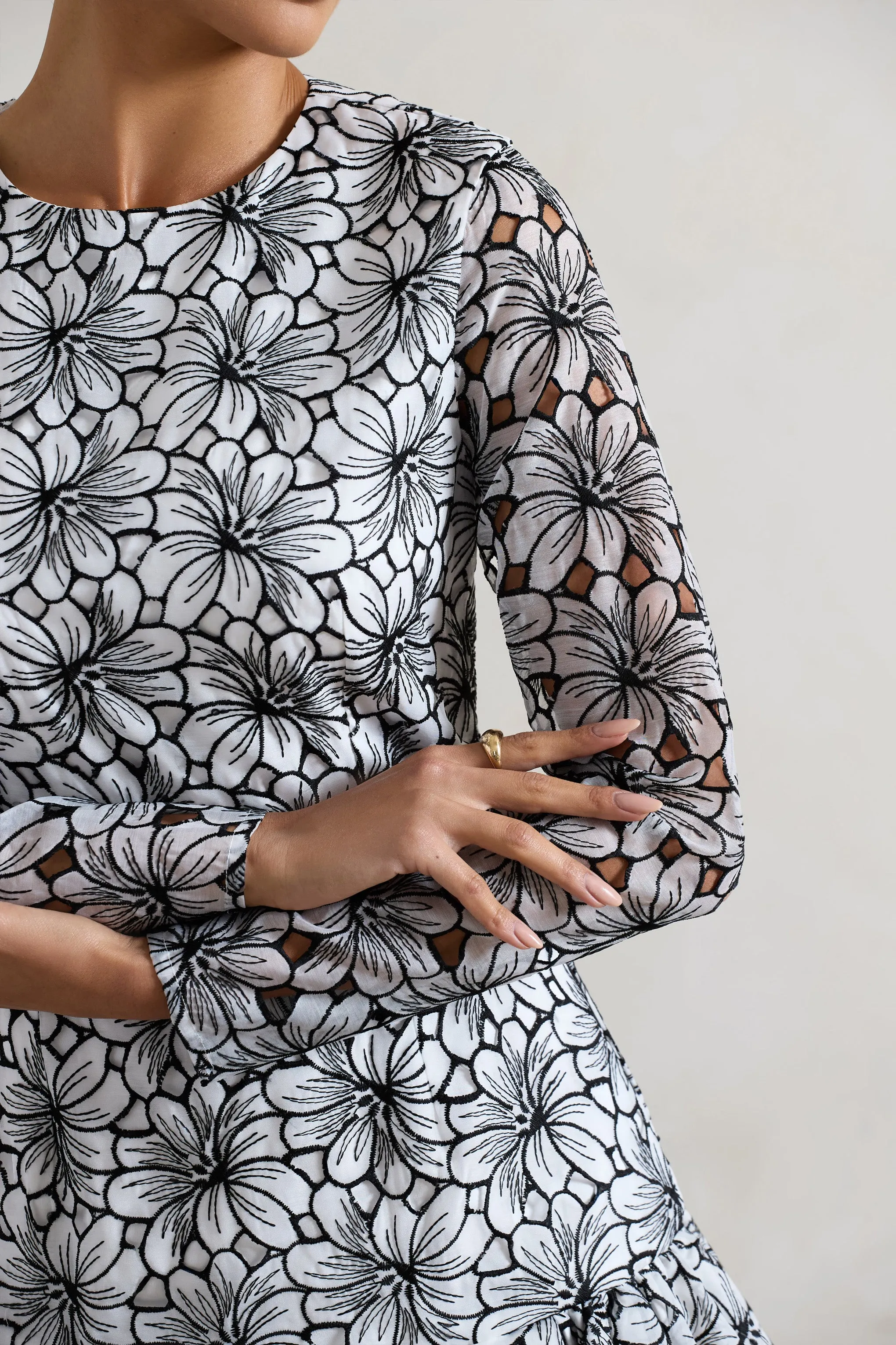 Claribel | Black & White Lace Long-Sleeve Mini Dress With Ruffle Hem Club L London