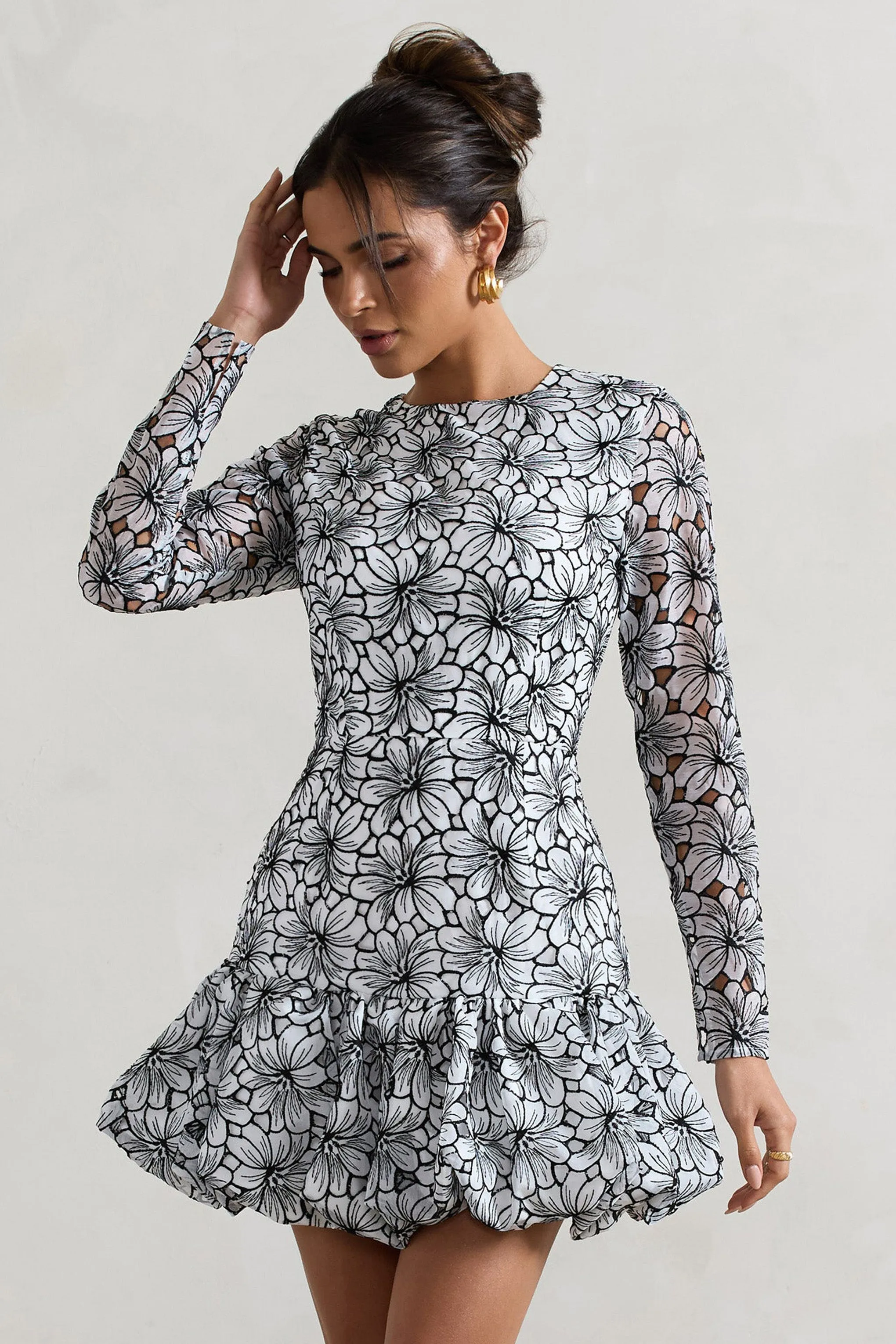Claribel | Black & White Lace Long-Sleeve Mini Dress With Ruffle Hem Club L London