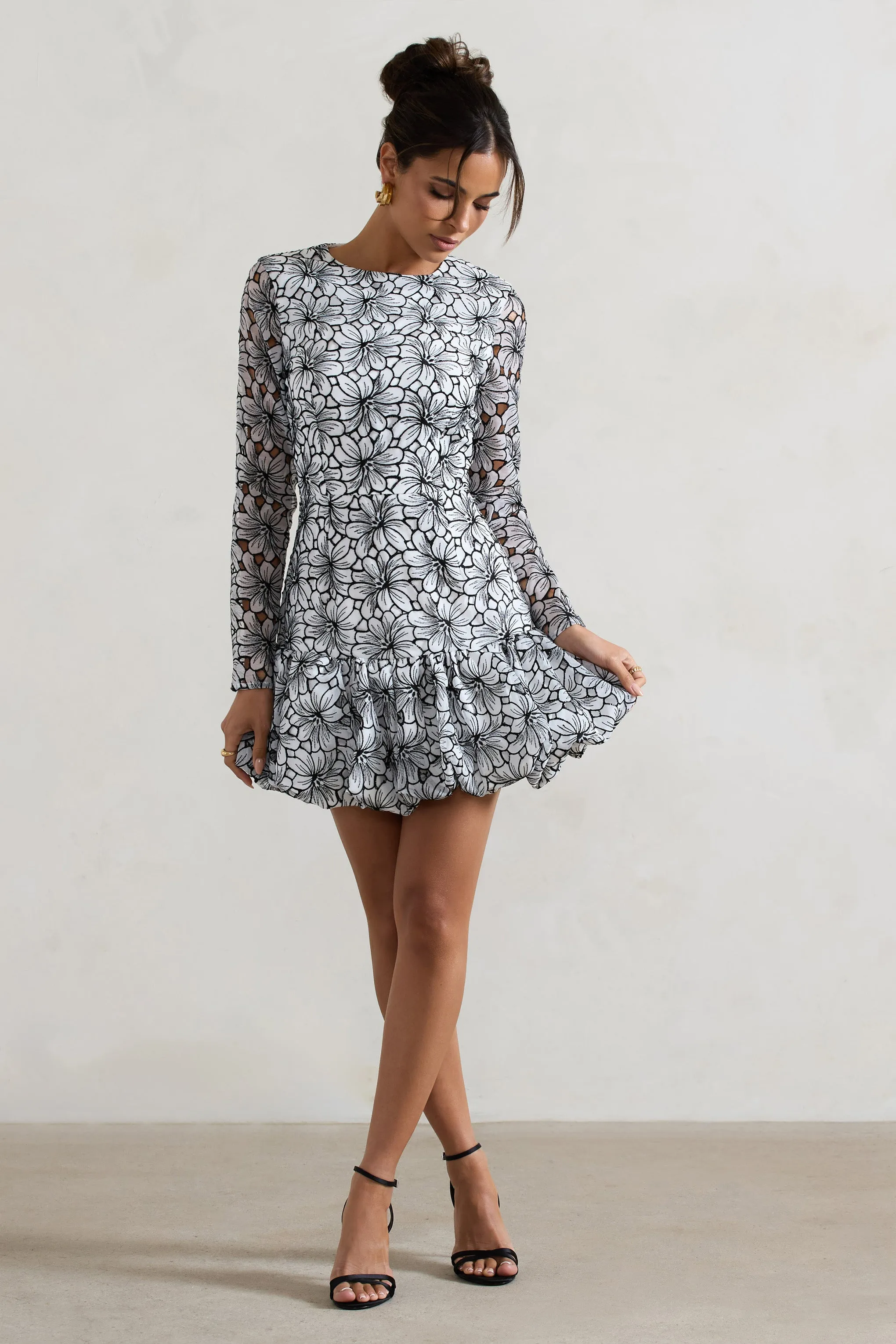 Claribel | Black & White Lace Long-Sleeve Mini Dress With Ruffle Hem Club L London
