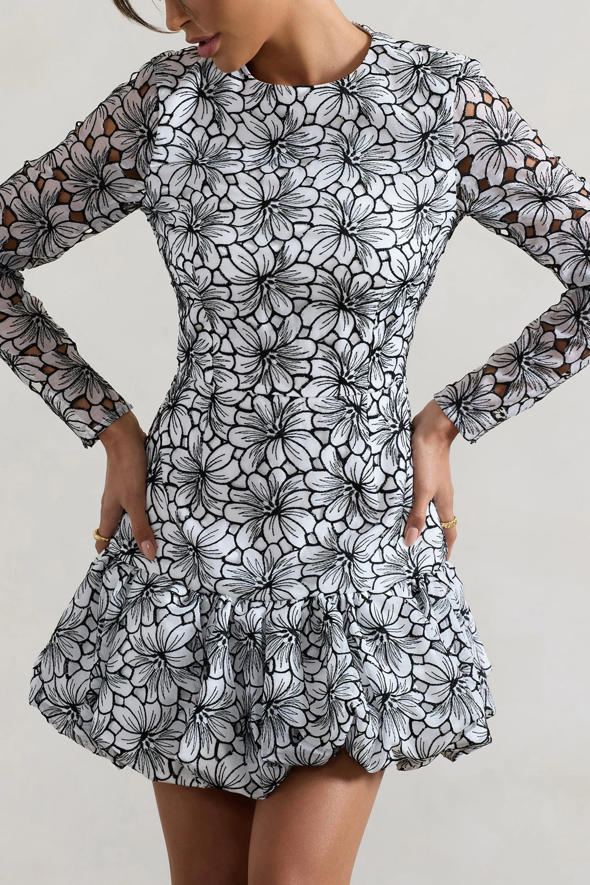 Claribel | Black & White Lace Long-Sleeve Mini Dress With Ruffle Hem Club L London