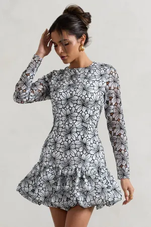 Claribel | Black & White Lace Long-Sleeve Mini Dress With Ruffle Hem Club L London