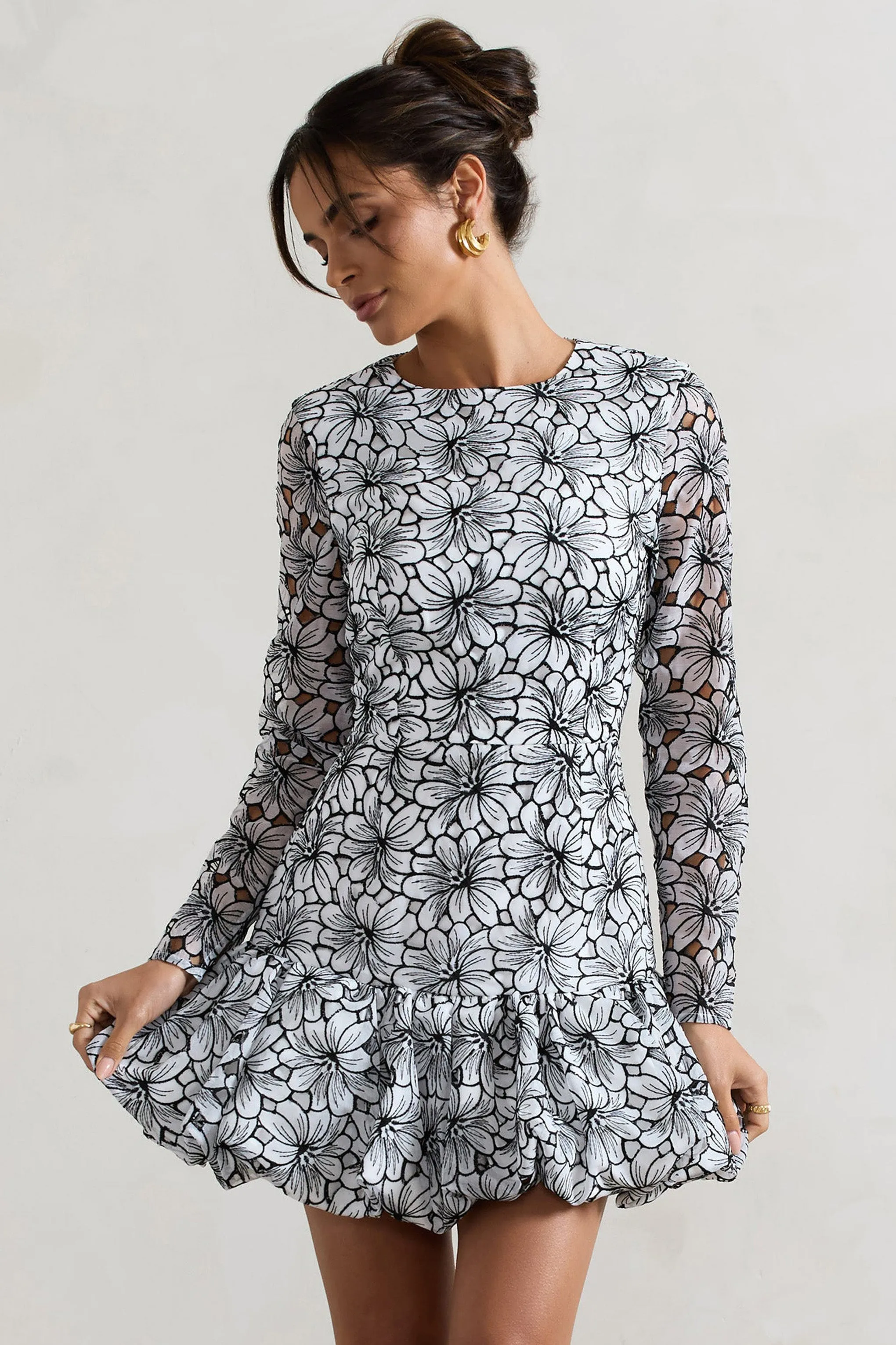 Claribel | Black & White Lace Long-Sleeve Mini Dress With Ruffle Hem Club L London