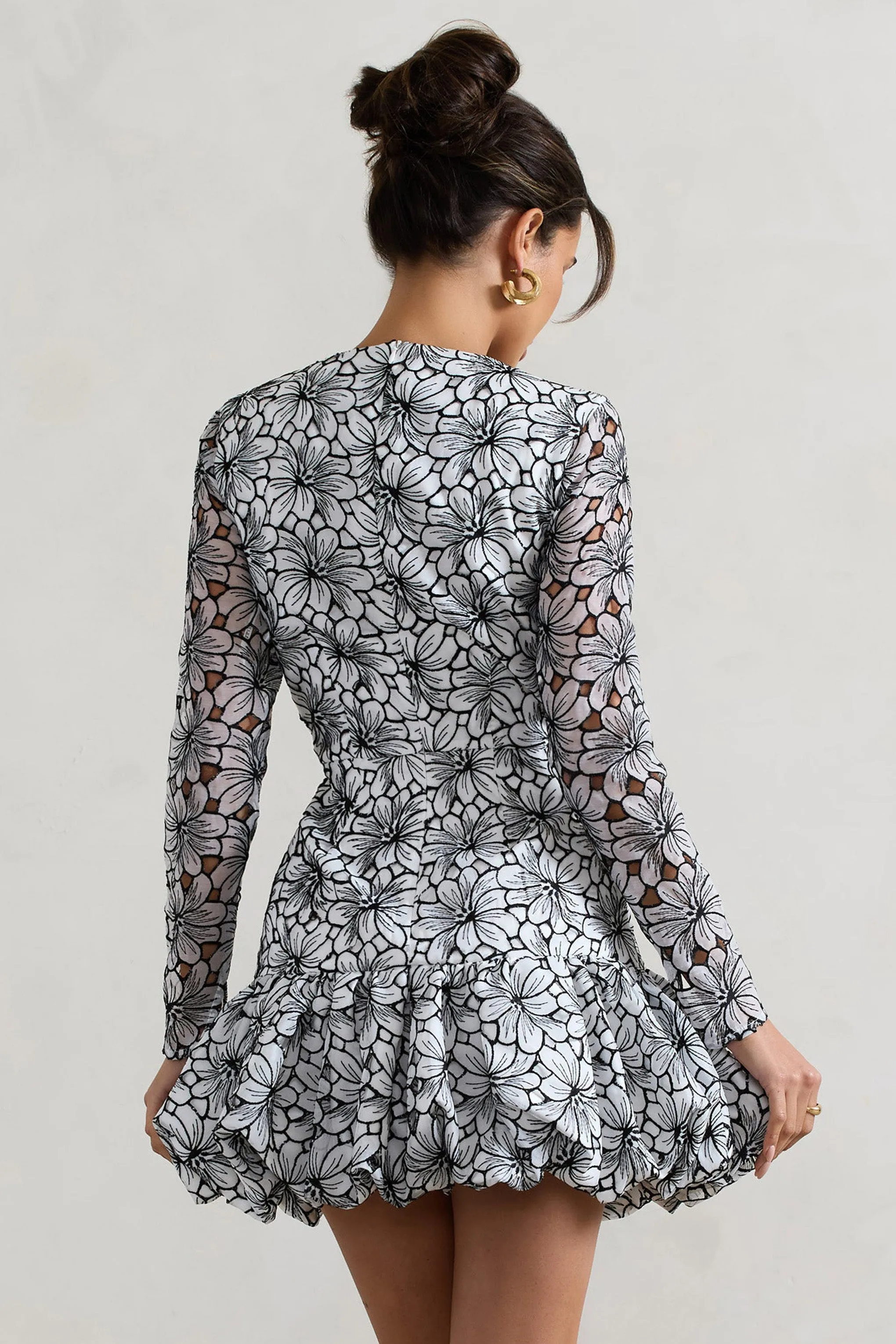 Claribel | Black & White Lace Long-Sleeve Mini Dress With Ruffle Hem Club L London