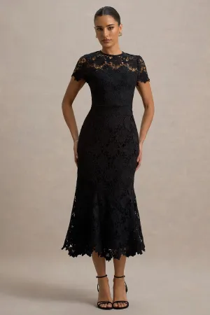 Clarissa | Black Lace Short-Sleeve Pleated Midi Dress Club L London