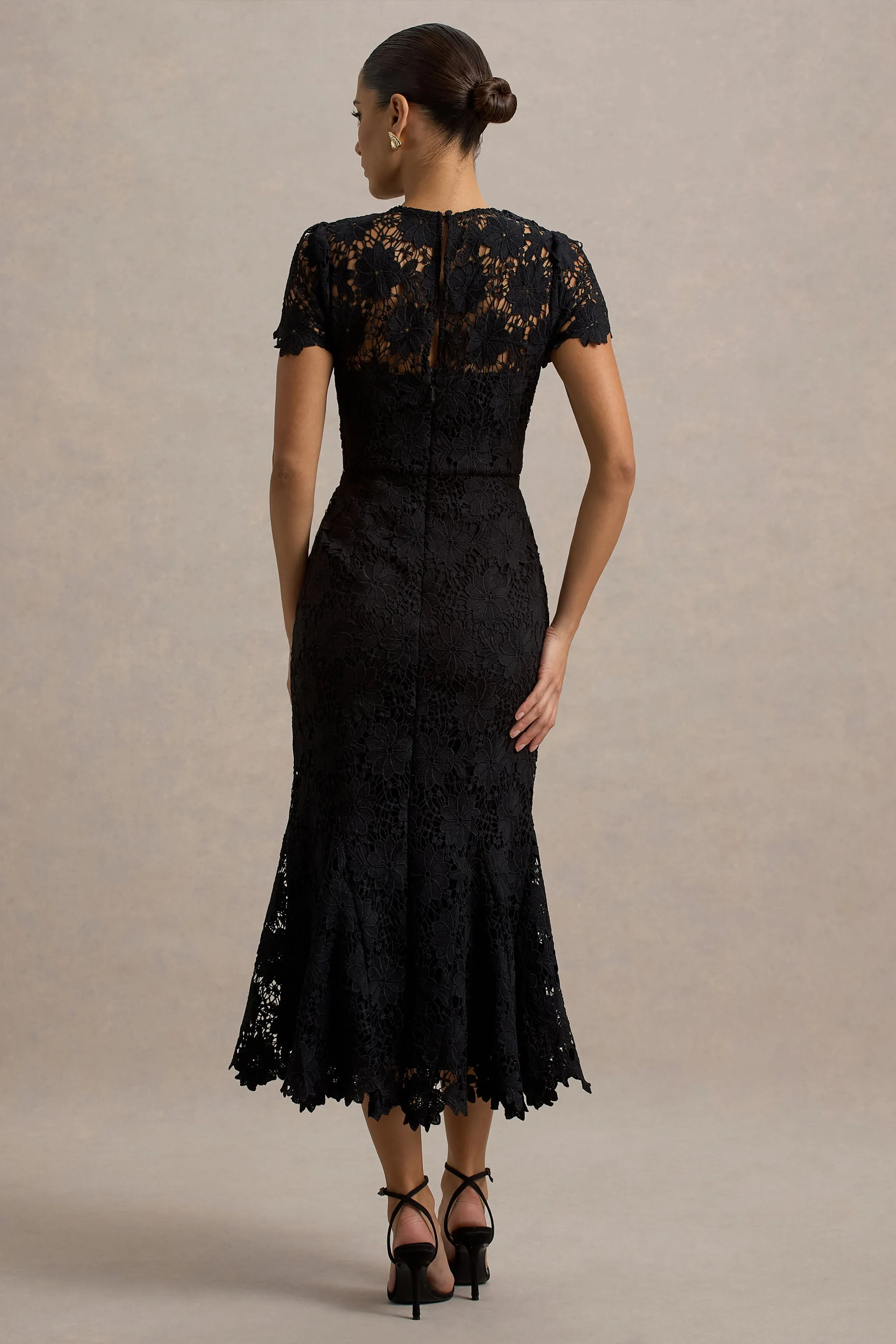 Clarissa | Black Lace Short-Sleeve Pleated Midi Dress Club L London