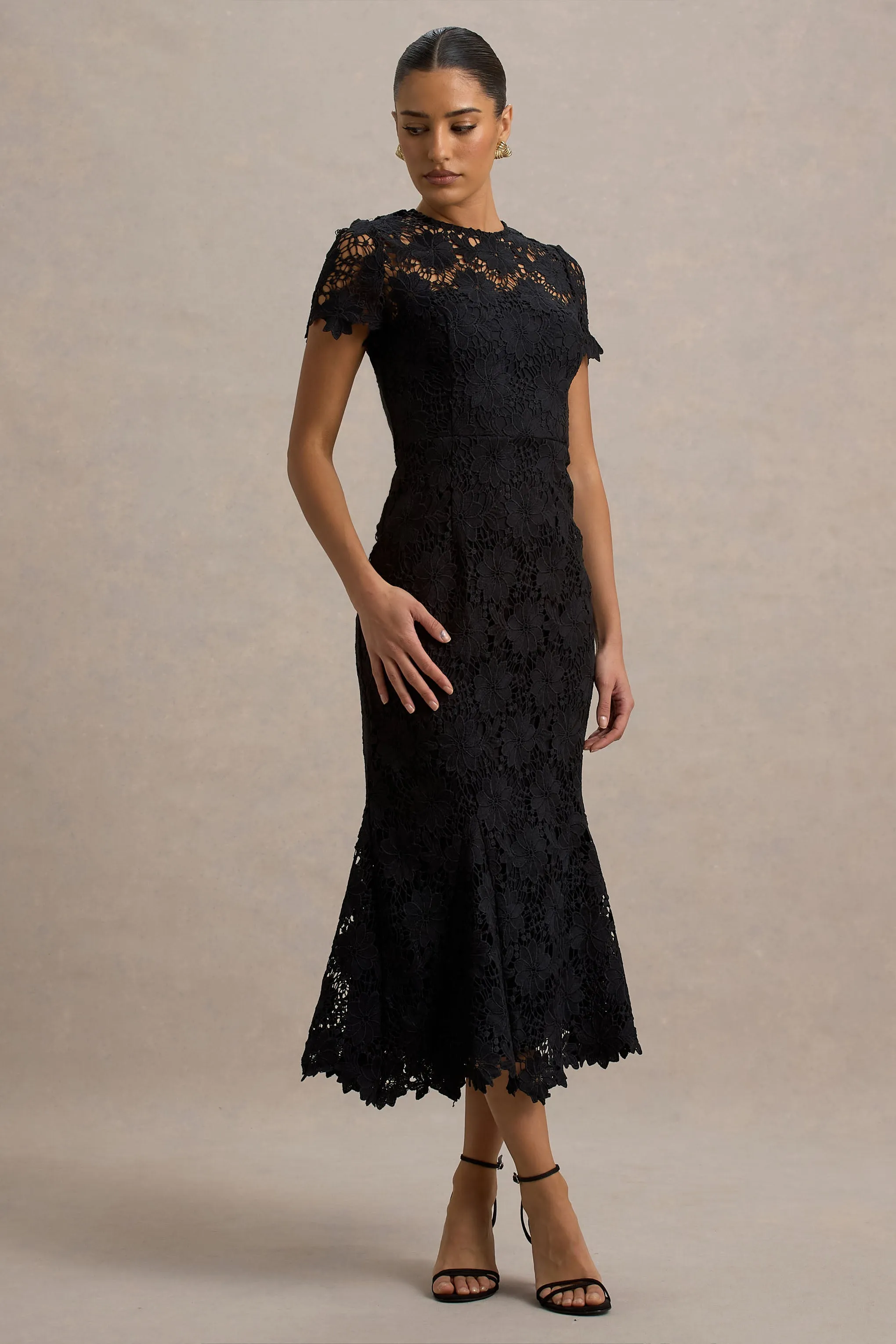Clarissa | Black Lace Short-Sleeve Pleated Midi Dress Club L London