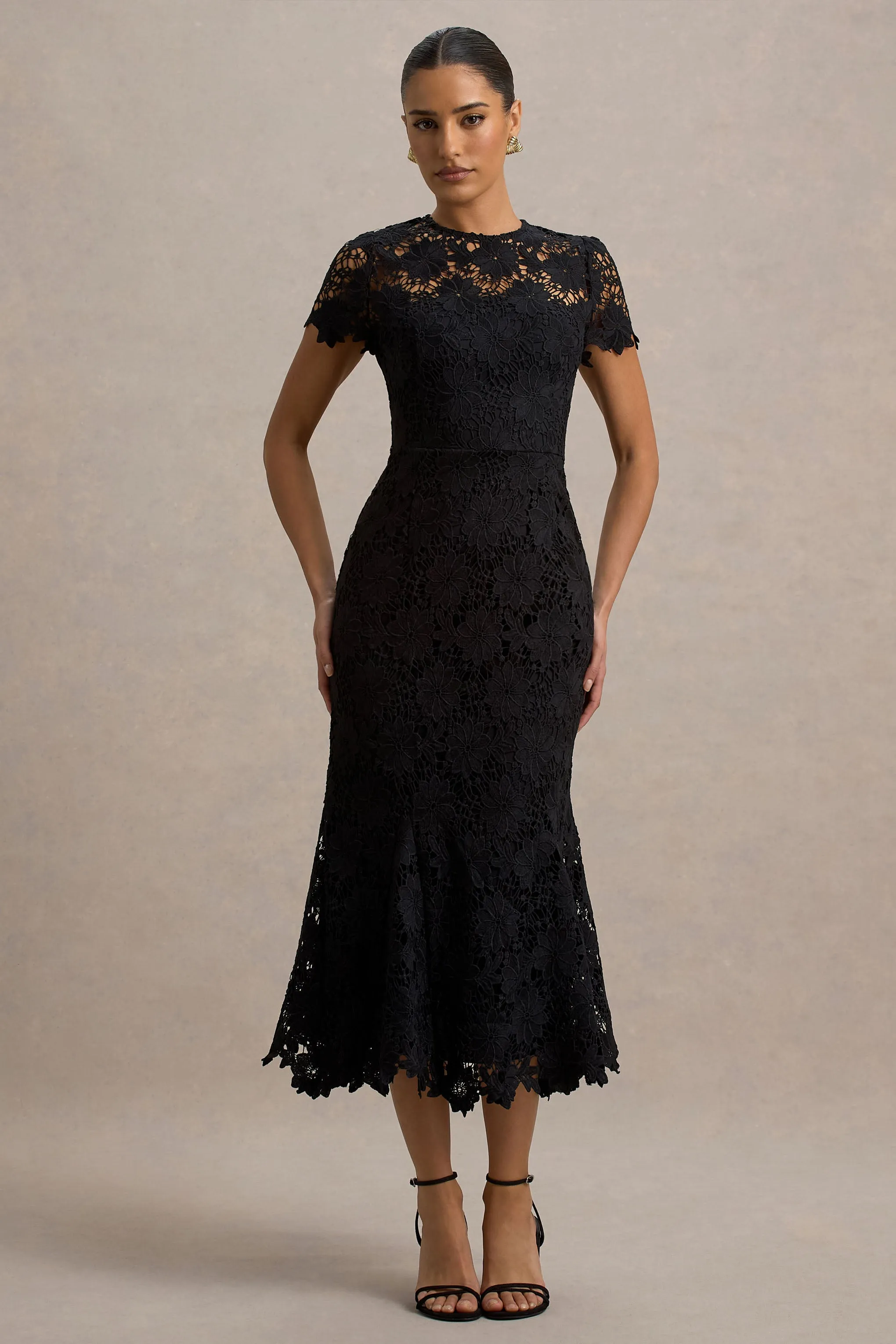 Clarissa | Black Lace Short-Sleeve Pleated Midi Dress Club L London