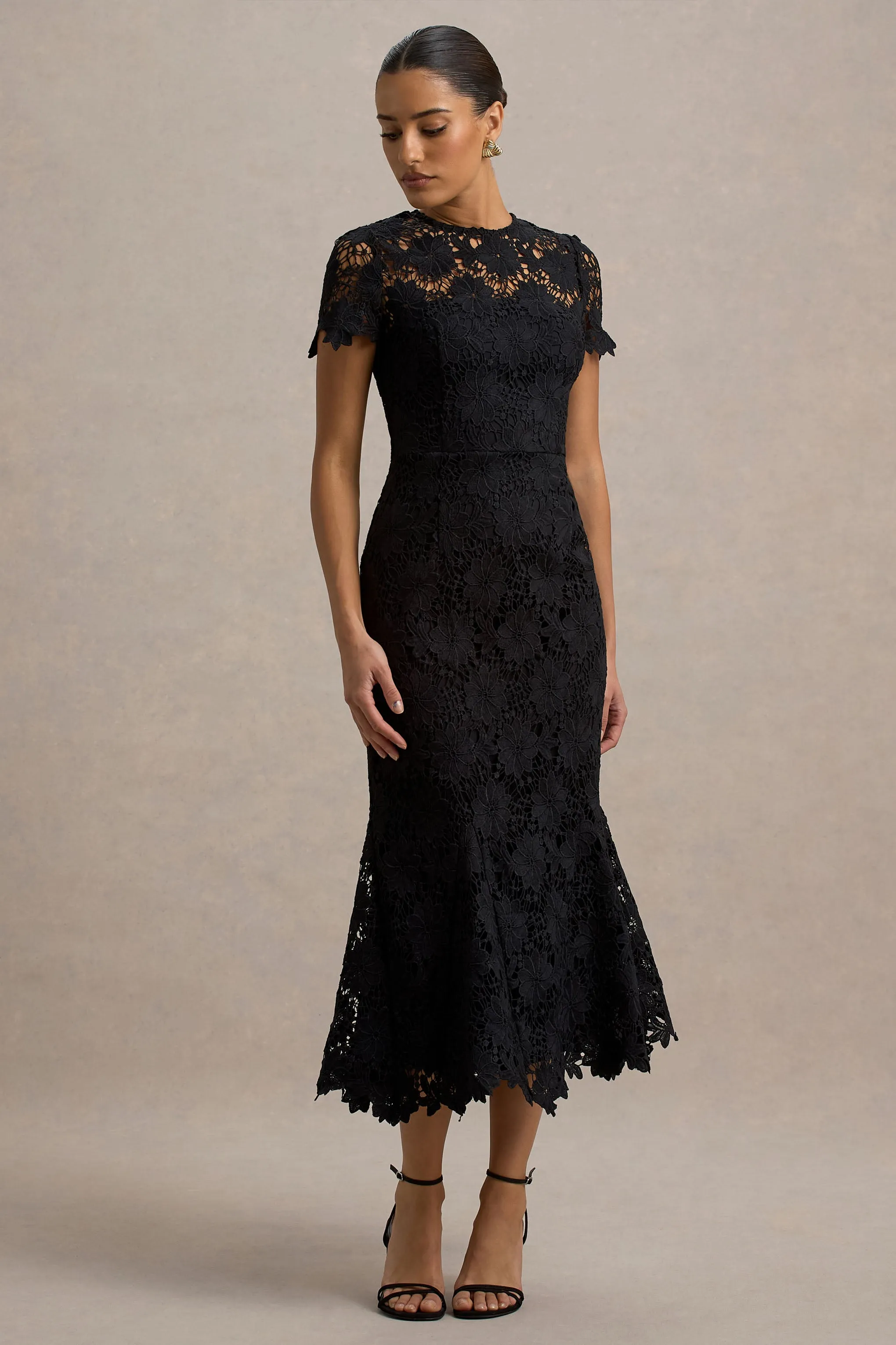 Clarissa | Black Lace Short-Sleeve Pleated Midi Dress Club L London